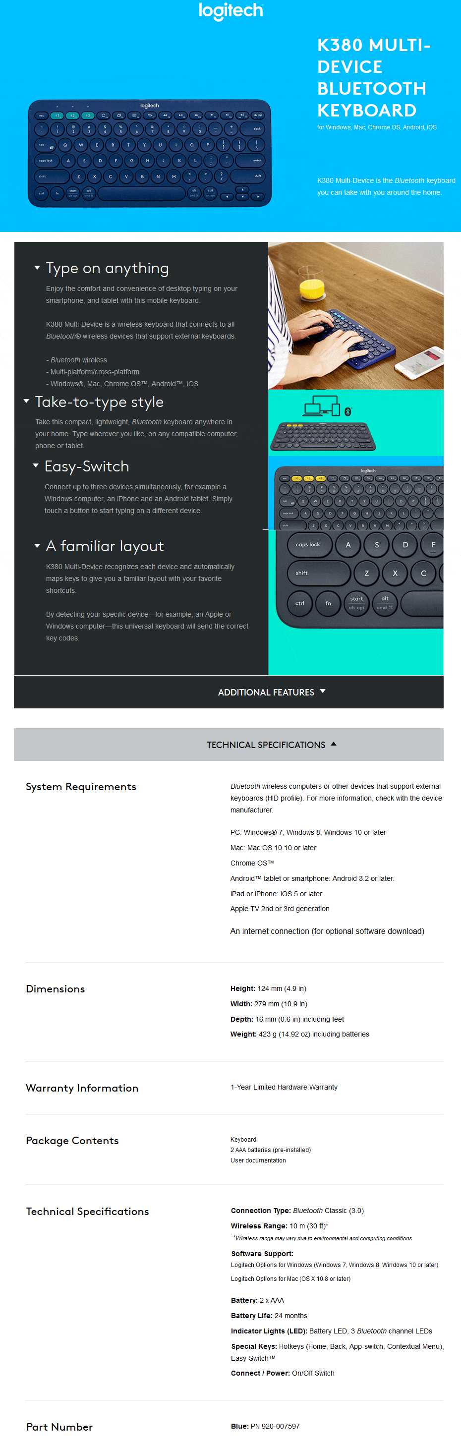 Logitech Multi-Device Bluetooth Keyboard Blue