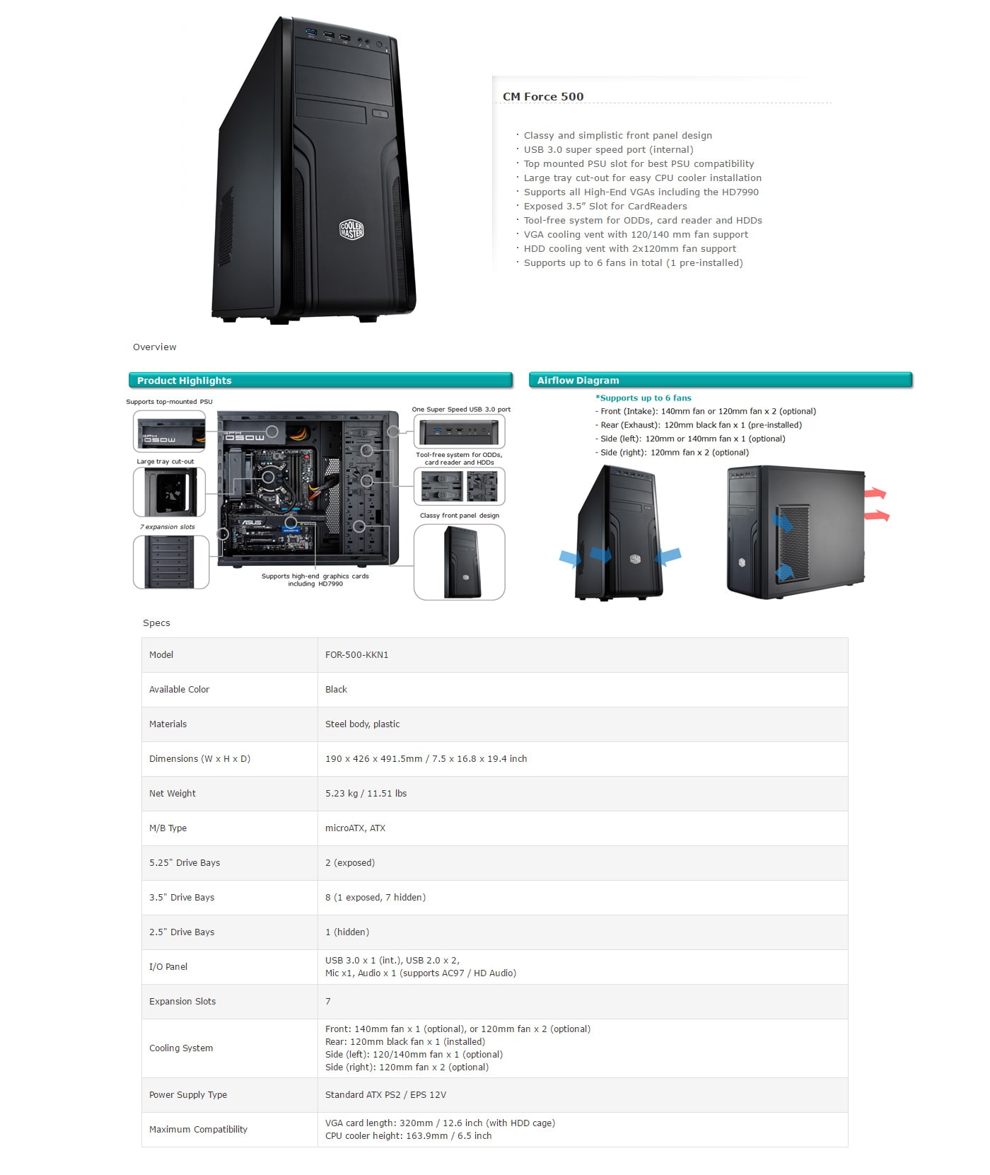 Cooler Master Force 500 ATX Mid Tower Computer features
