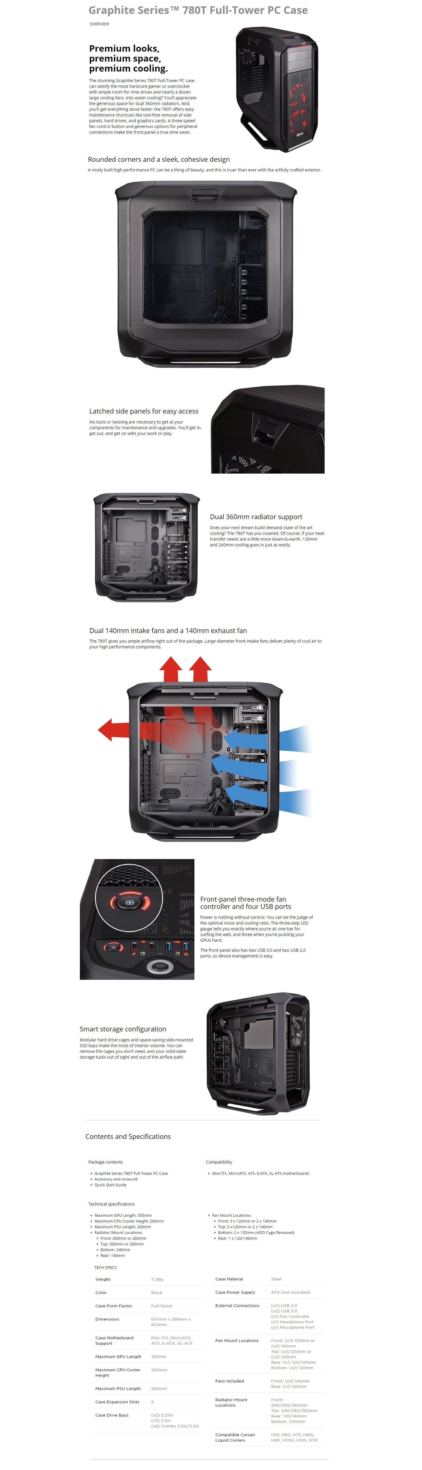 Corsair Graphite Series 780T Black Full-Tower PC Case features