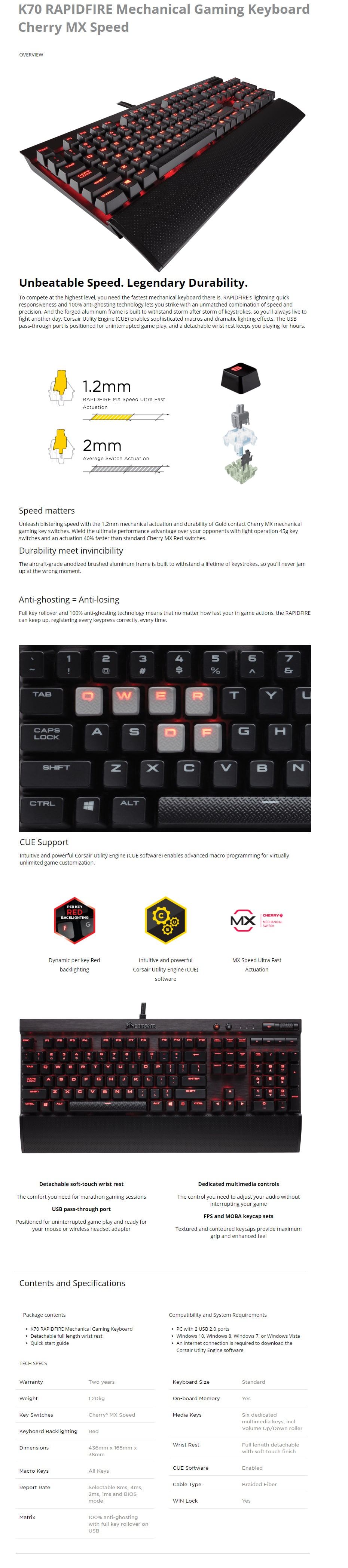 Corsair K70 Rapidfire Mechanical Gaming Keyboard - Cherry MX Speed features