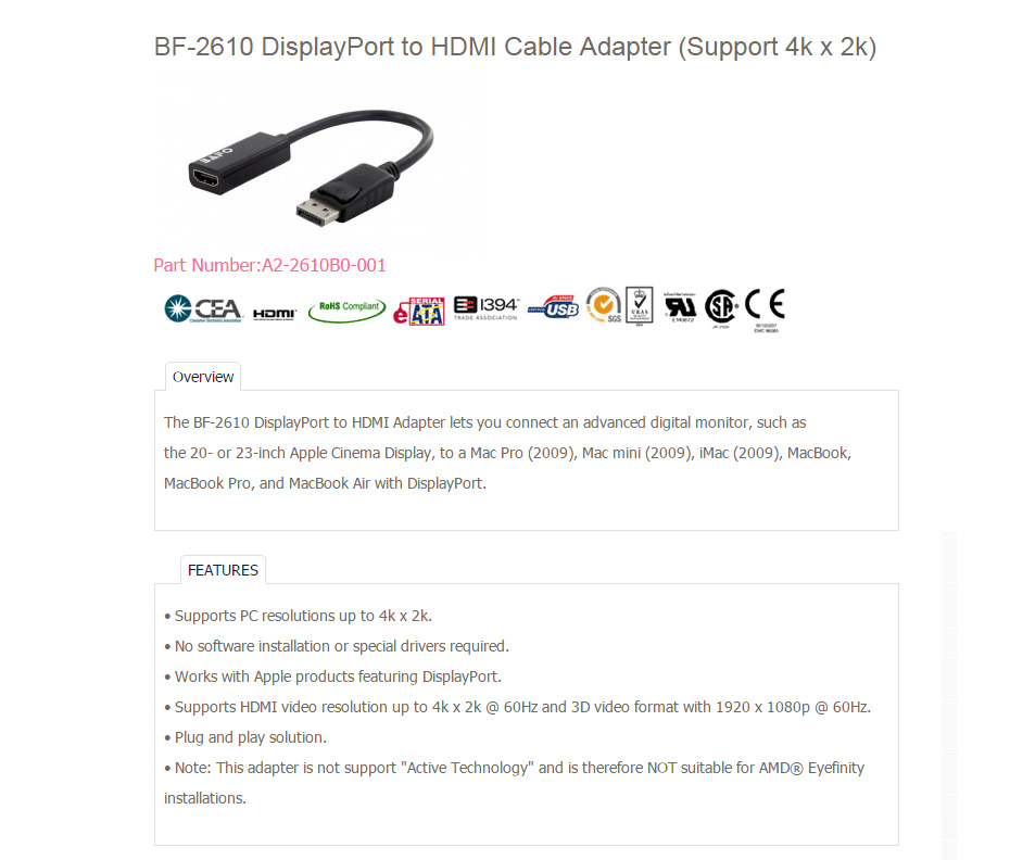 Bafo DisplayPort to HDMI Cable Adapter