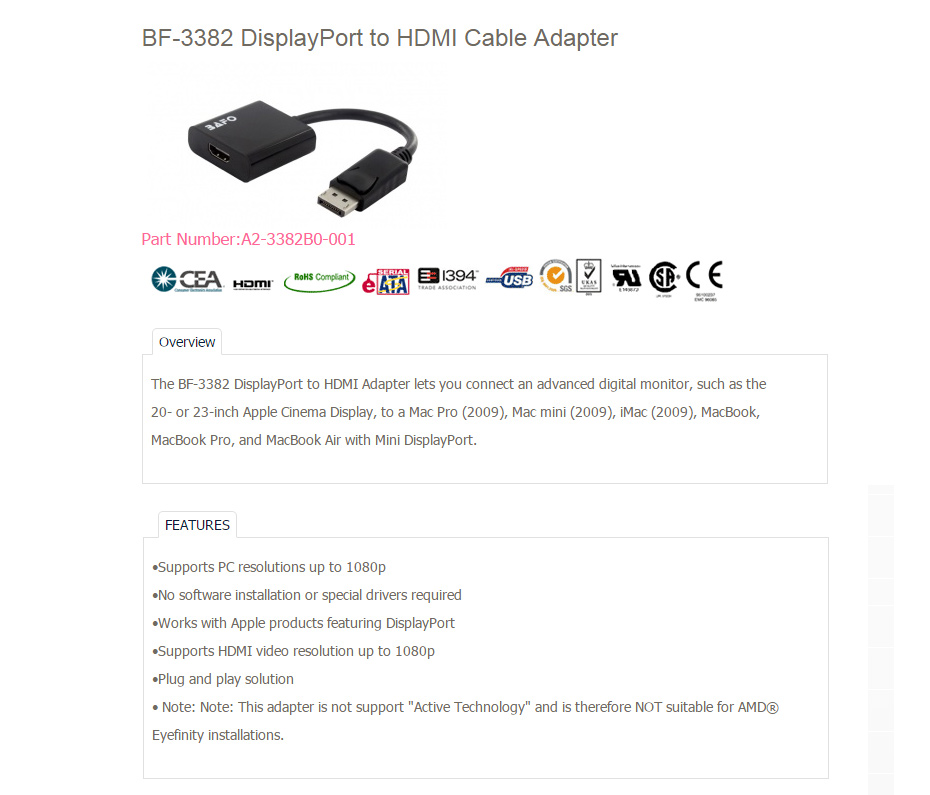 Bafo DisplayPort to HDMI Cable Adapter features