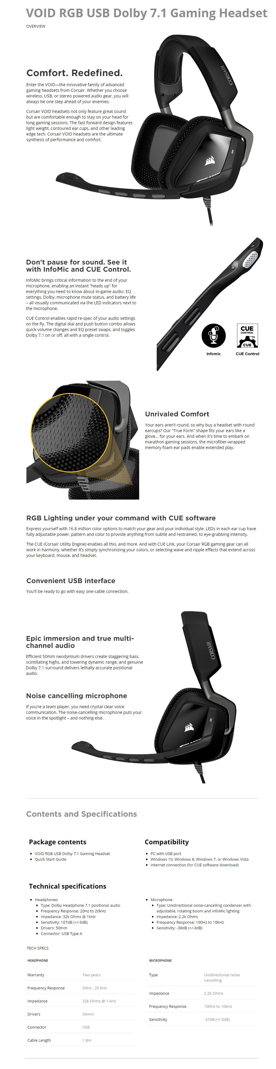 Corsair VOID RGB USB Dolby 7.1 Gaming Headset features