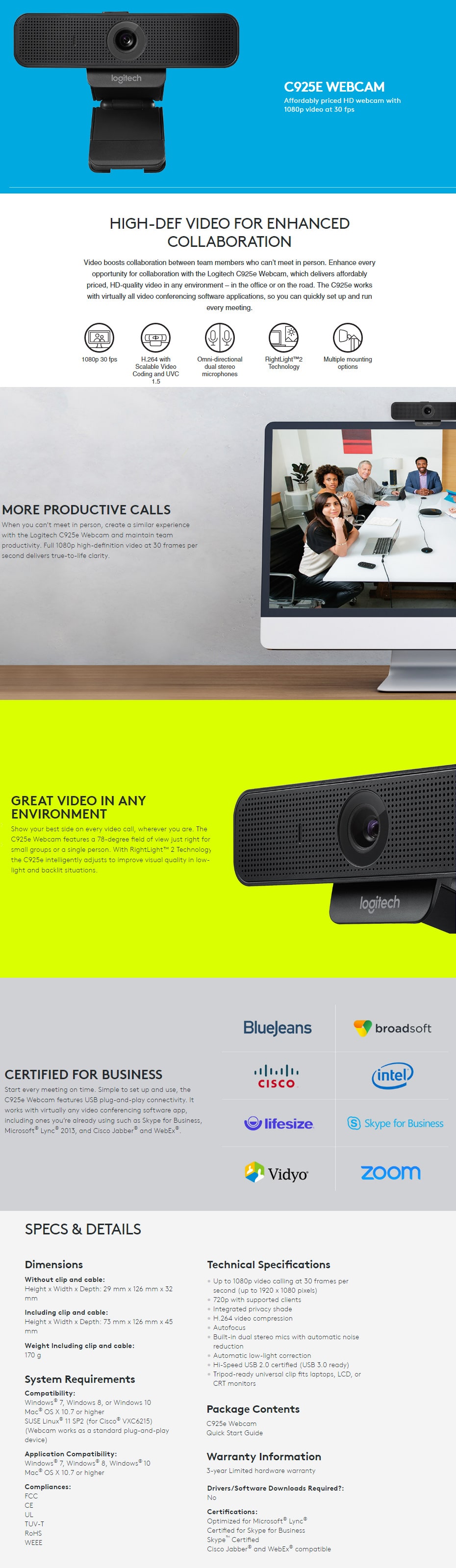 Logitech C925e Webcam features