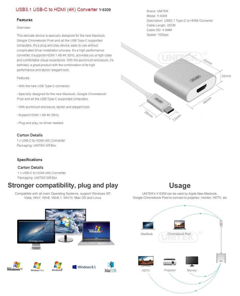 Unitek USB C to HDMI Converter Y6309