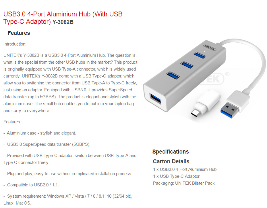 Unitek USB Aluminium Hub With USB Type C Adaptor Y3082B