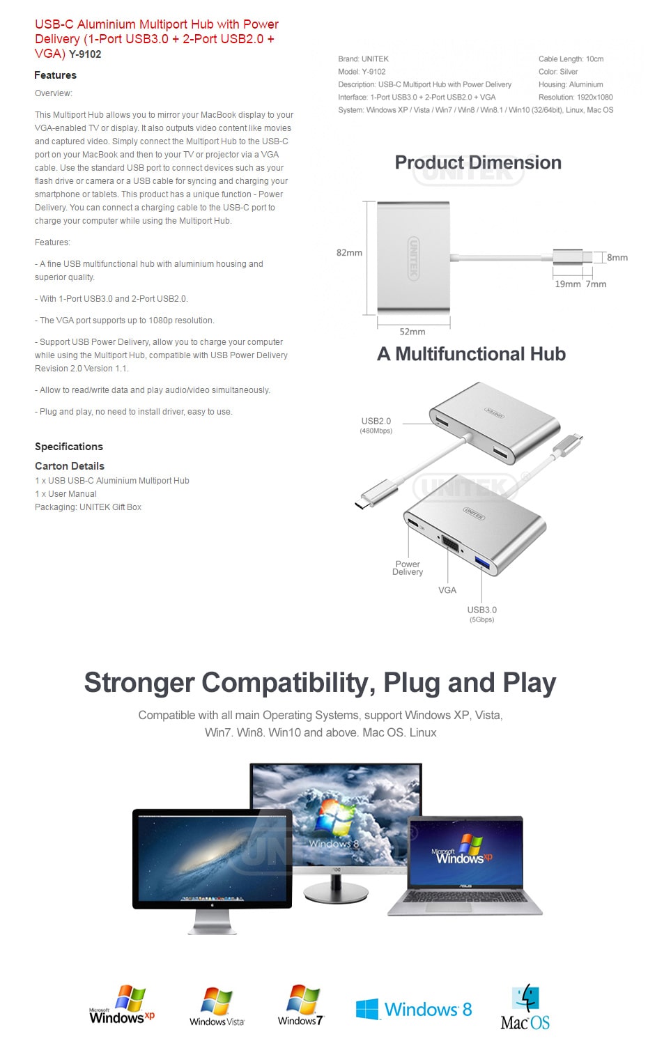 Unitek USB C Aluminium Multiport Hub with Power Delivery Y9102