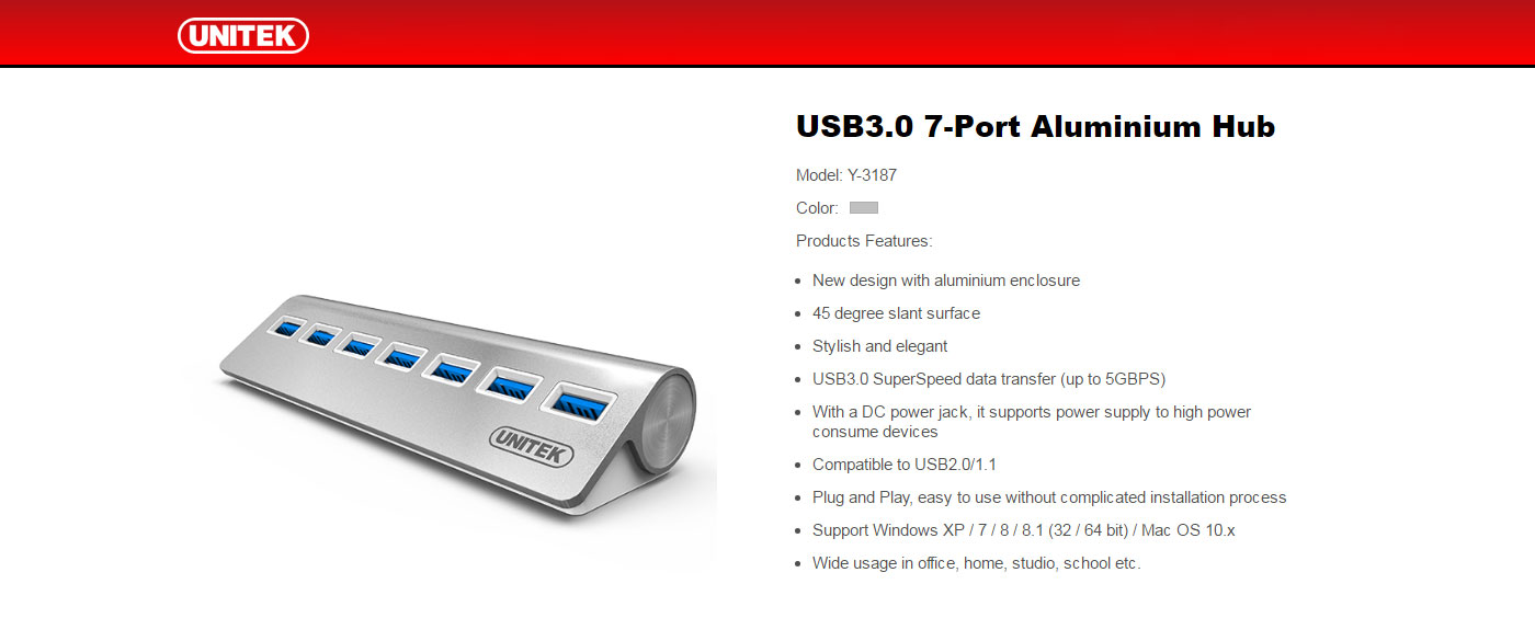 Unitek USB Port Aluminium Hub Y3187