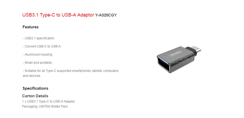 Unitek USB Type C to USB Adaptor YA025CGY