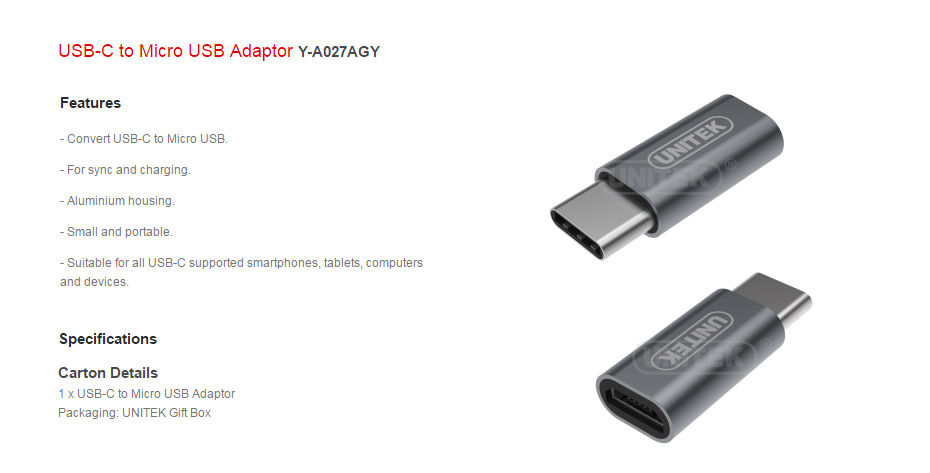 Unitek USB C to Micro USB Adaptor Y A027AGY