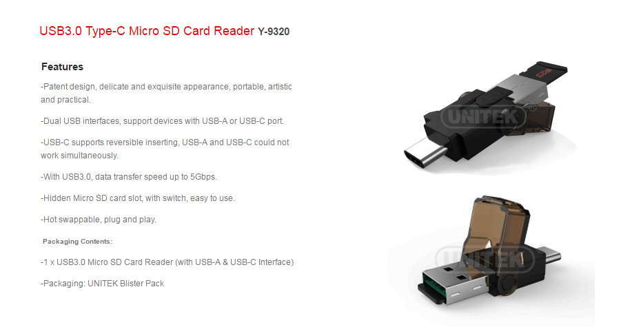 Unitek USB Type C Micro SD Card Reader Y9320