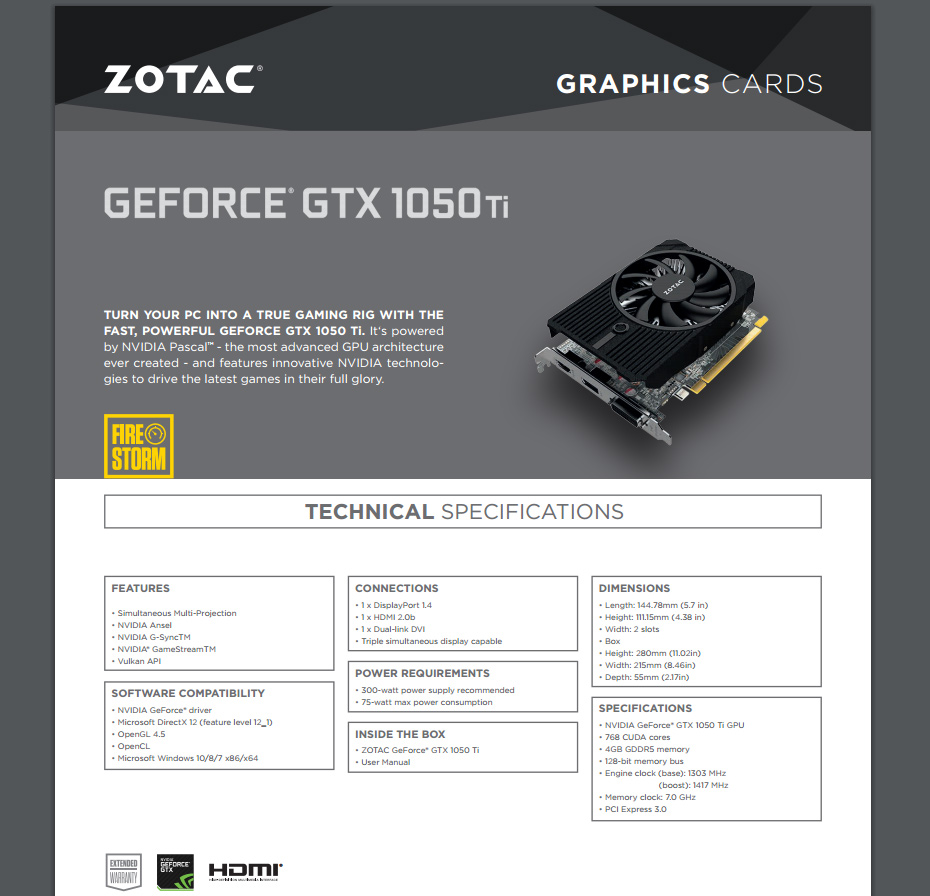 Zotac Geforce GTX 1050 Ti Mini 4GB GDDR5 Graphic Card