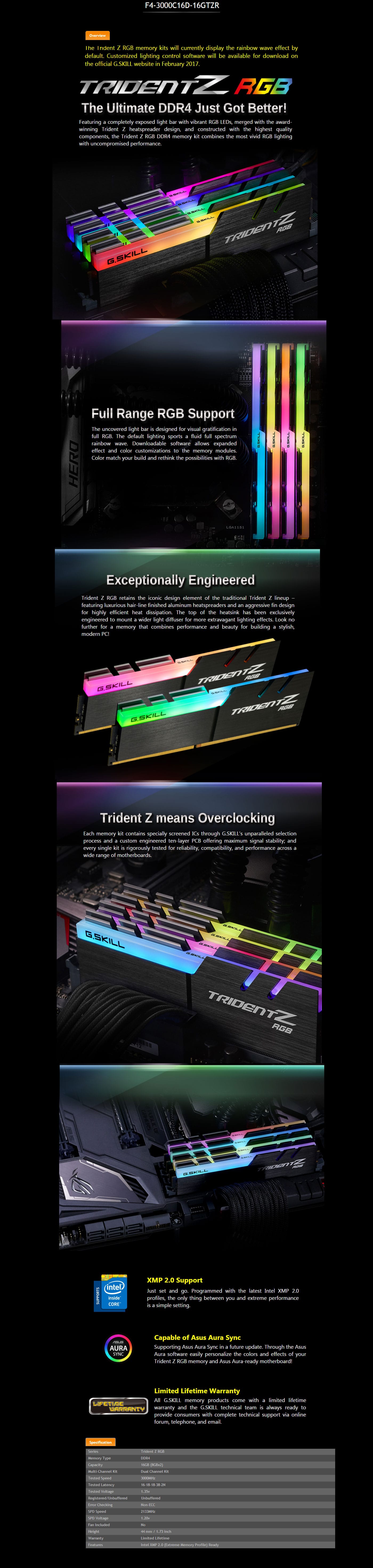 G.skill Trident Z RGB 16GB (2 x 8GB) DDR4 3000MHz Desktop RAM features