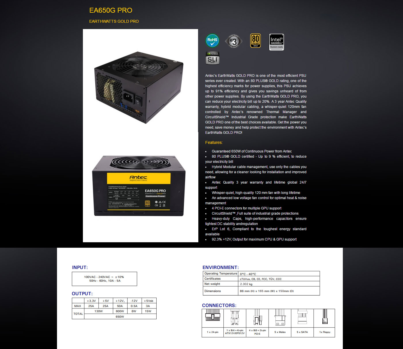 Antec Earthwatts Gold Pro 650W Power Supply features