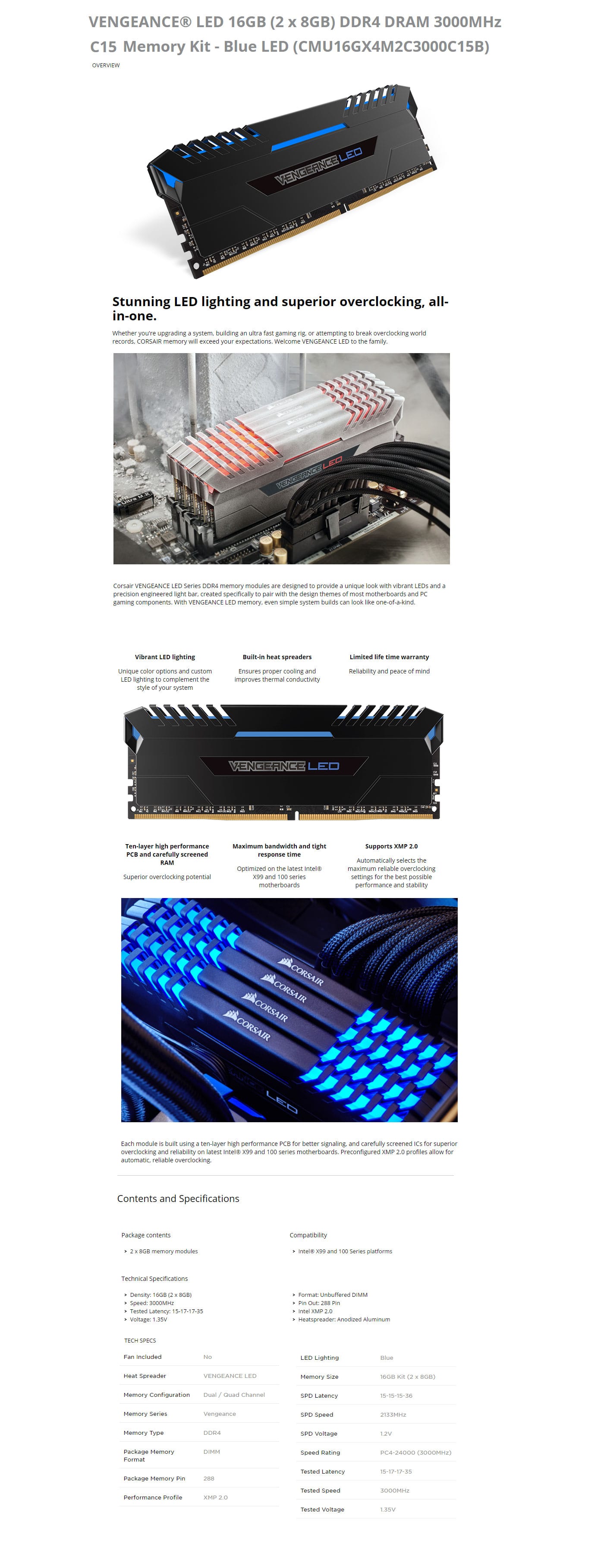 Corsair Vengeance LED 16GB (2 x 8GB) DDR4 DRAM 3000MHz C15 Memory Kit Blue LED features