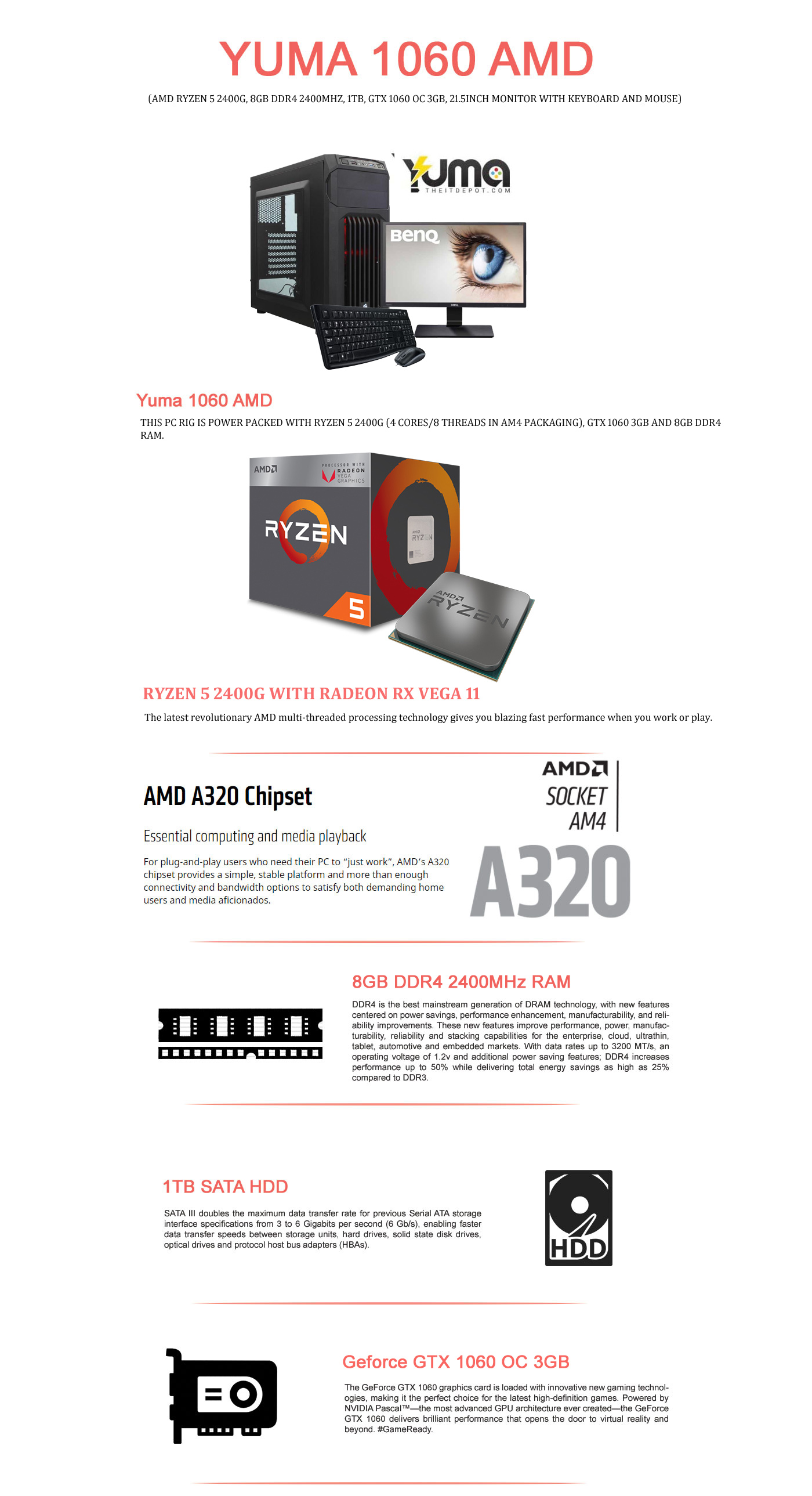  Buy Online Yuma 1060 AMD (AMD Ryzen 5 2400G, 8GB DDR4 2400MHz, 1TB, GTX 1060 OC 3GB, 21.5inch Monitor with Keyboard and Mouse)