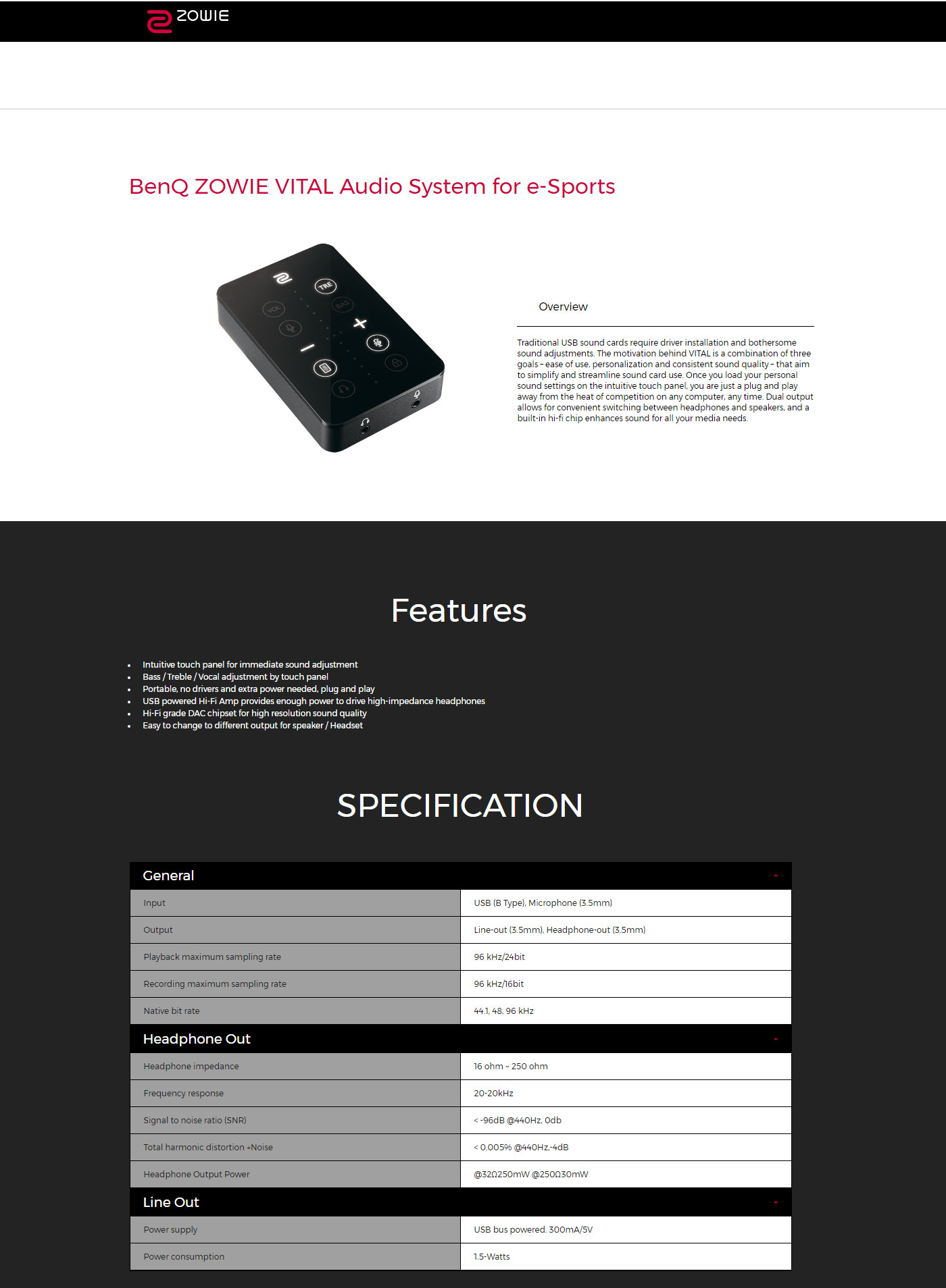 Zowie Vital Audio System  e-Sports  features