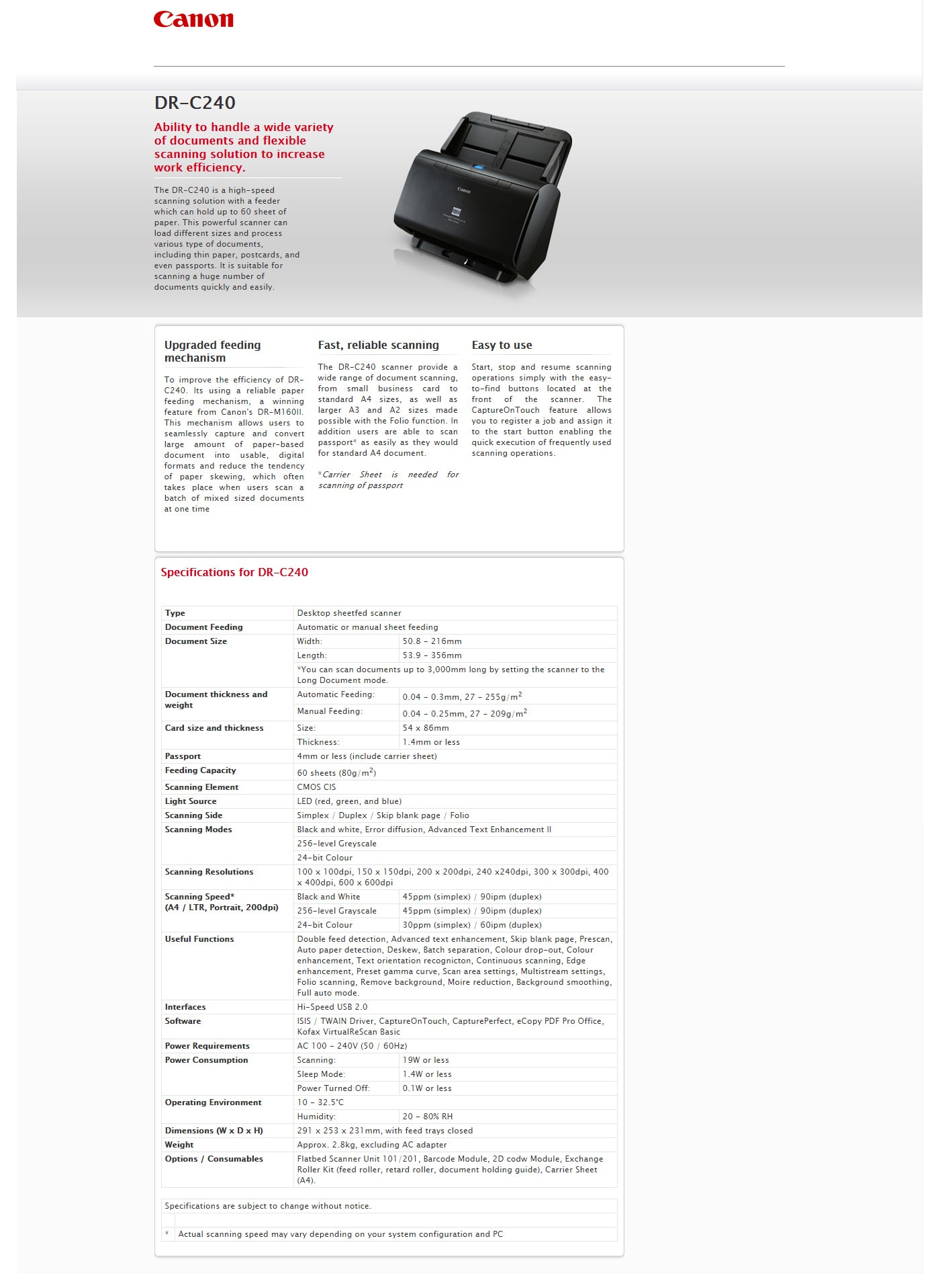 Canon DR-C240 Document Scanner features