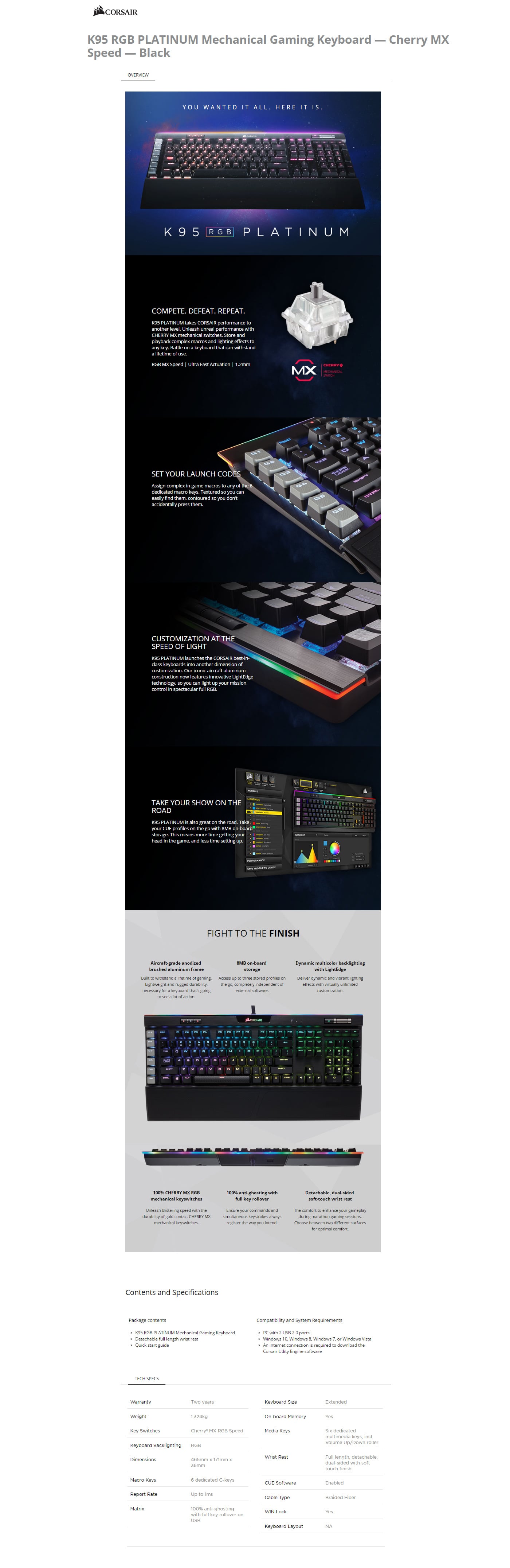 Corsair K95 RGB PLATINUM Mechanical Gaming Keyboard -Cherry MX Speed  Black features