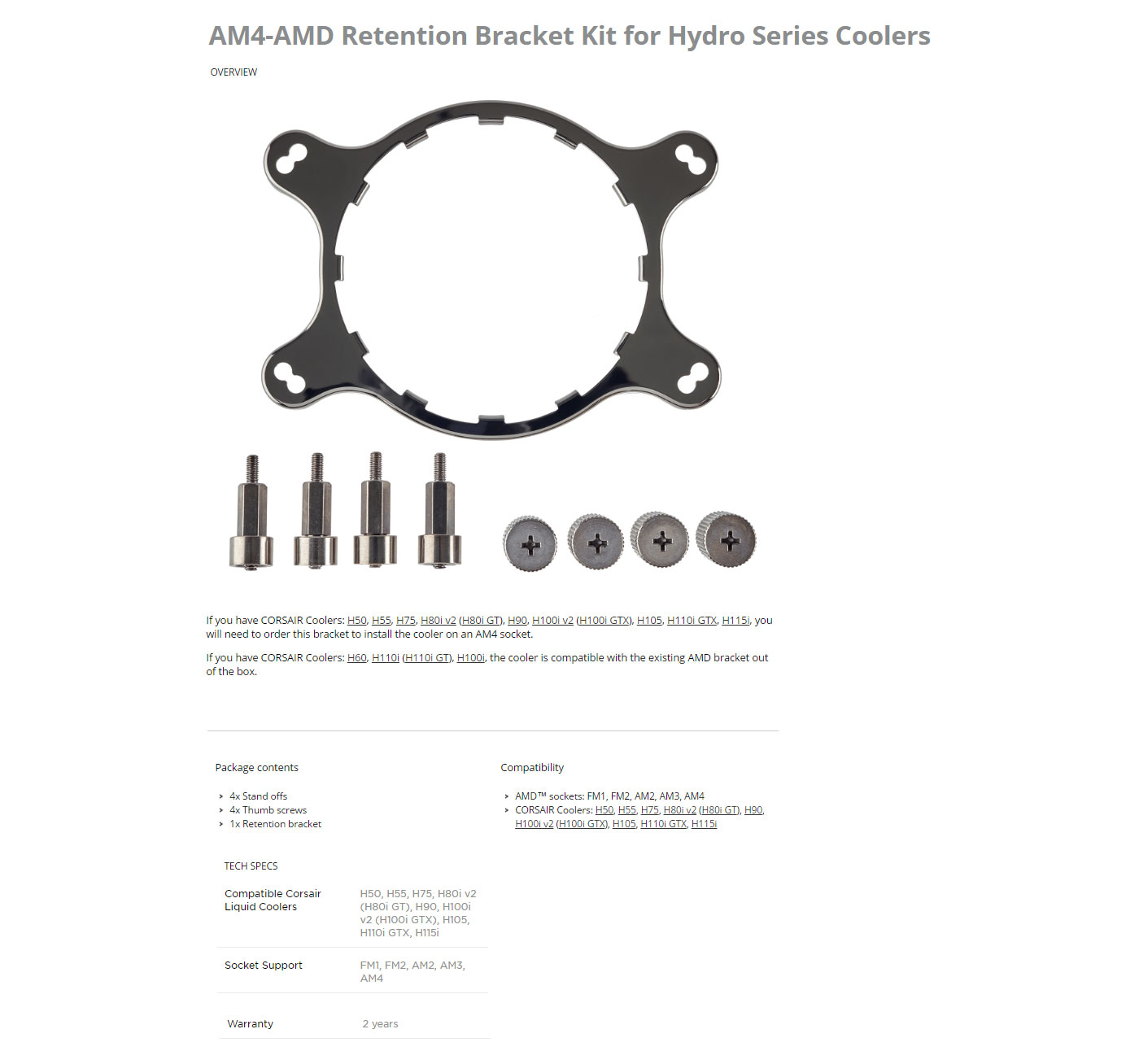 Corsair AM4-AMD Retention Bracket Kit Hydro Series Coolers features