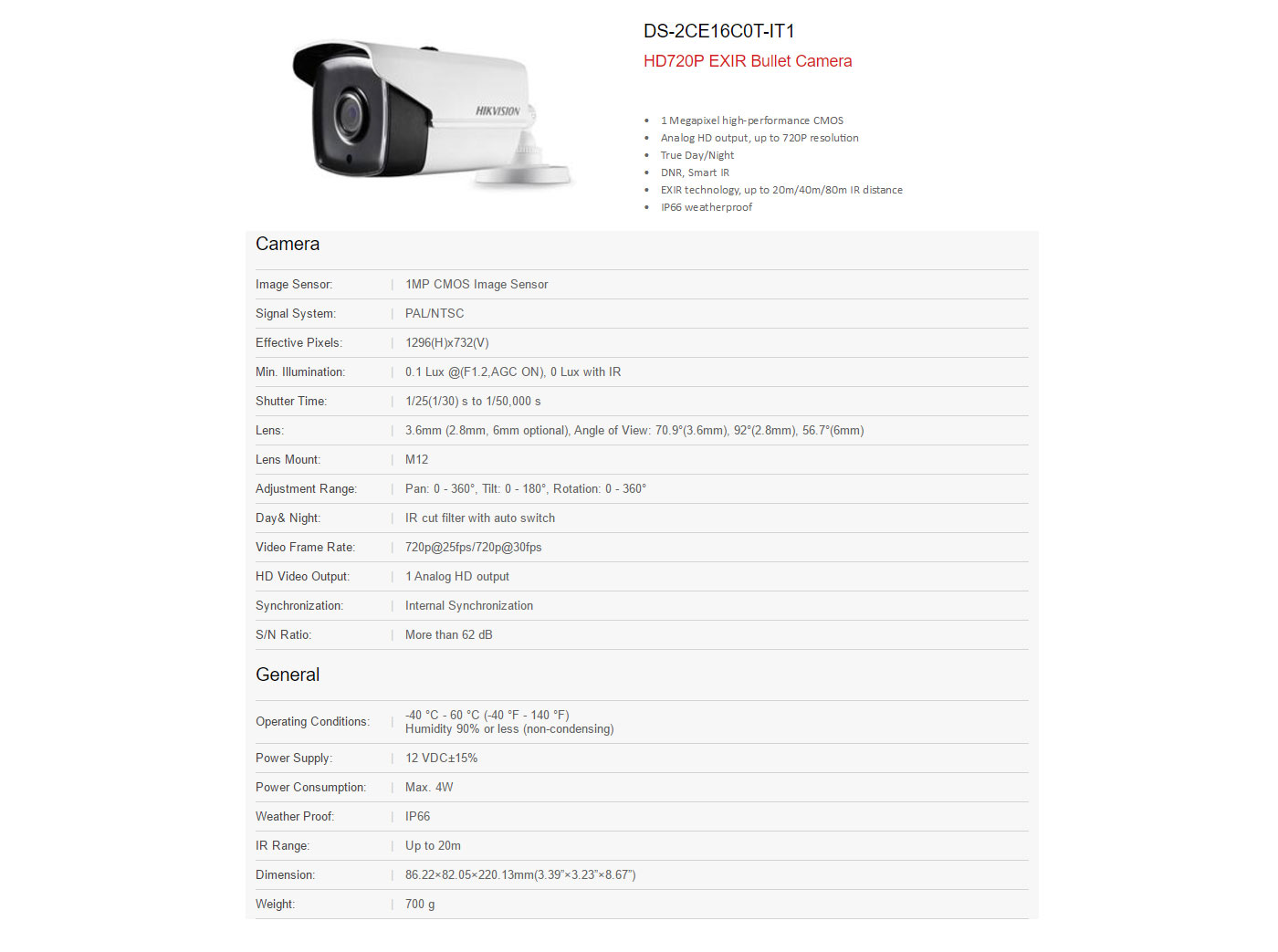 Hikvision  Turbo HD720P EXIR Bullet Camera features