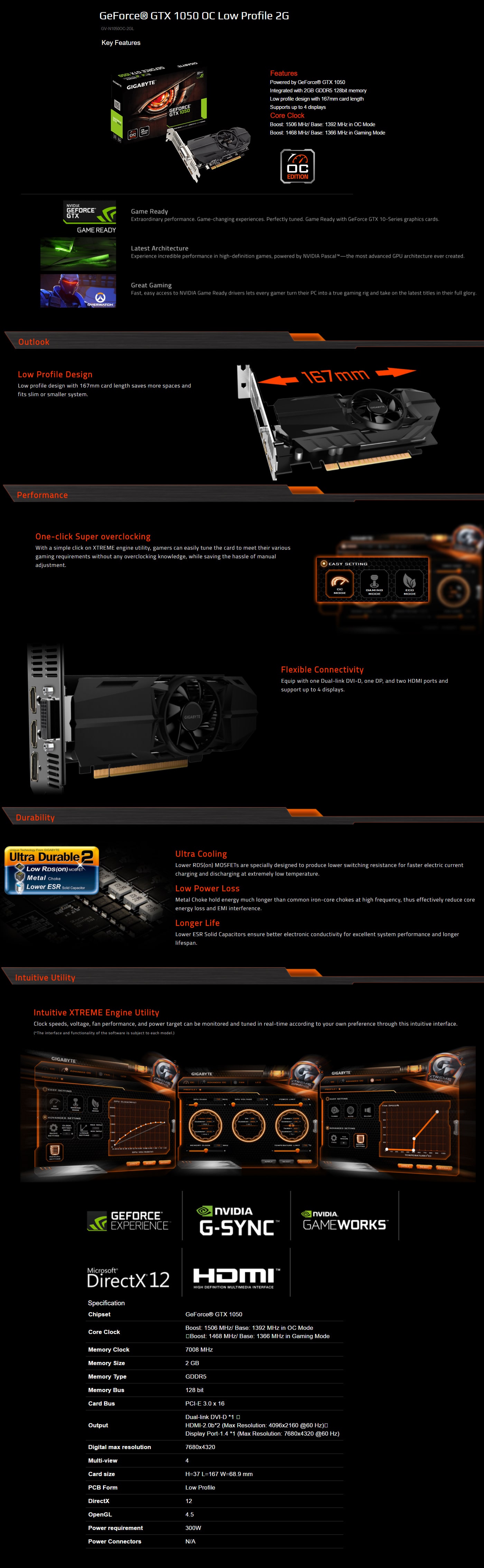 Gigabyte Geforce GTX 1050 OC Low Profile 2G  features
