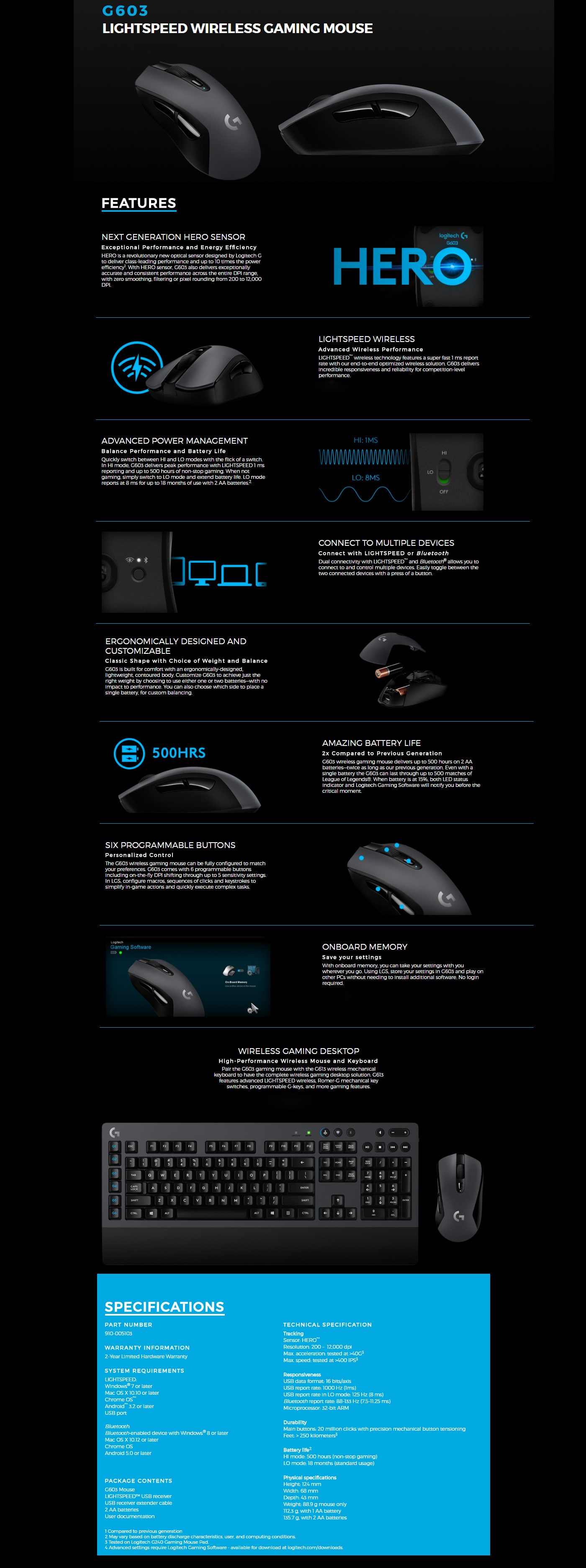 Logitech G603  Wireless Gaming Mouse features