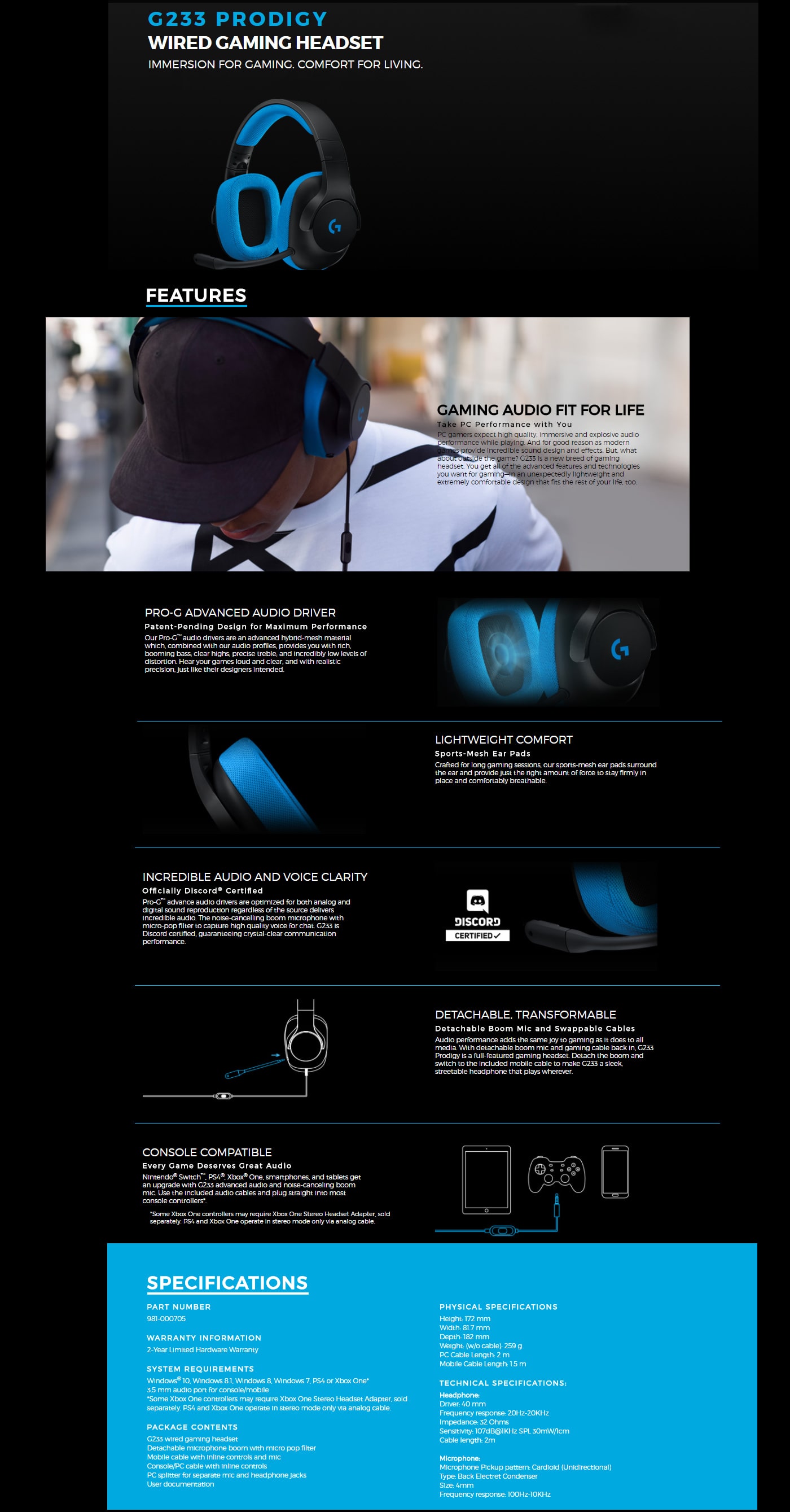 Logitech G233 Prodigy Wired Gaming Headset features