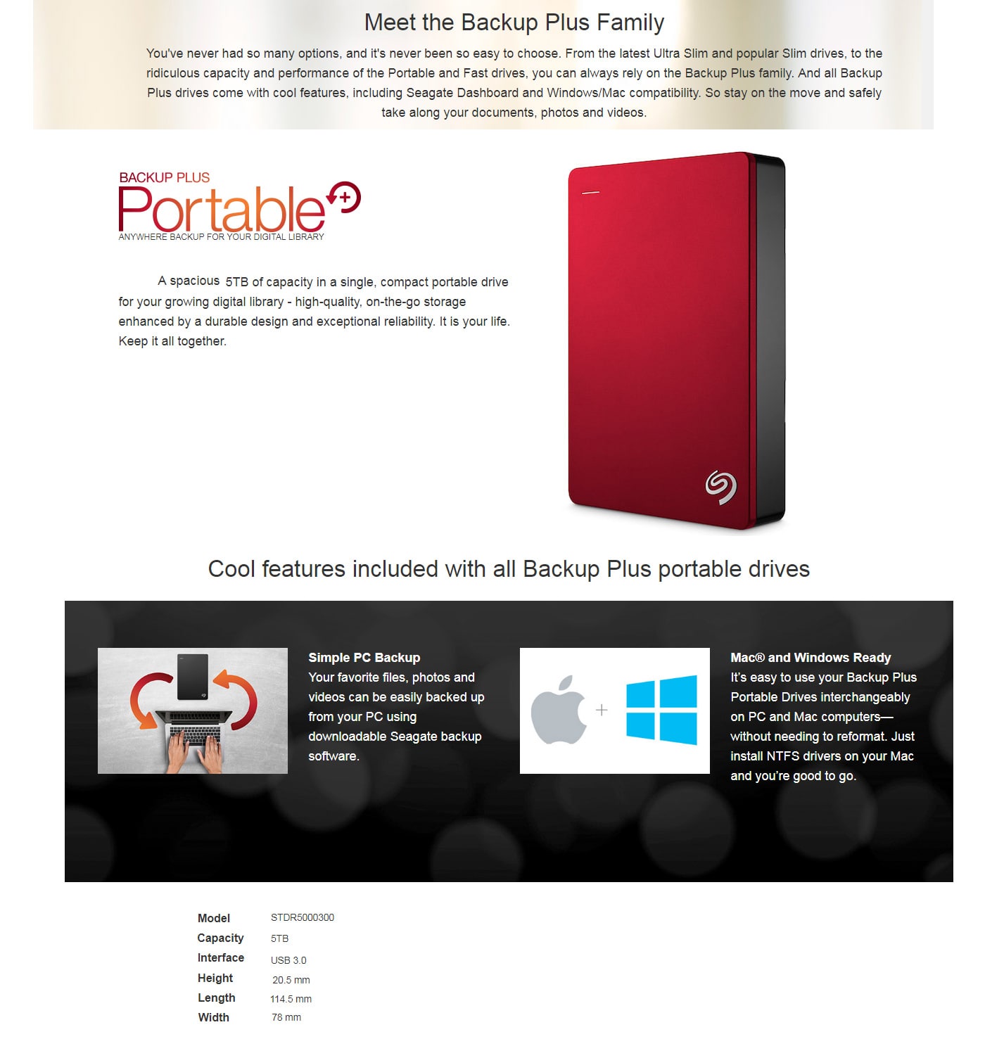 Seagate Backup Plus 5TB USB 3.0 Portable Hard Drive red features