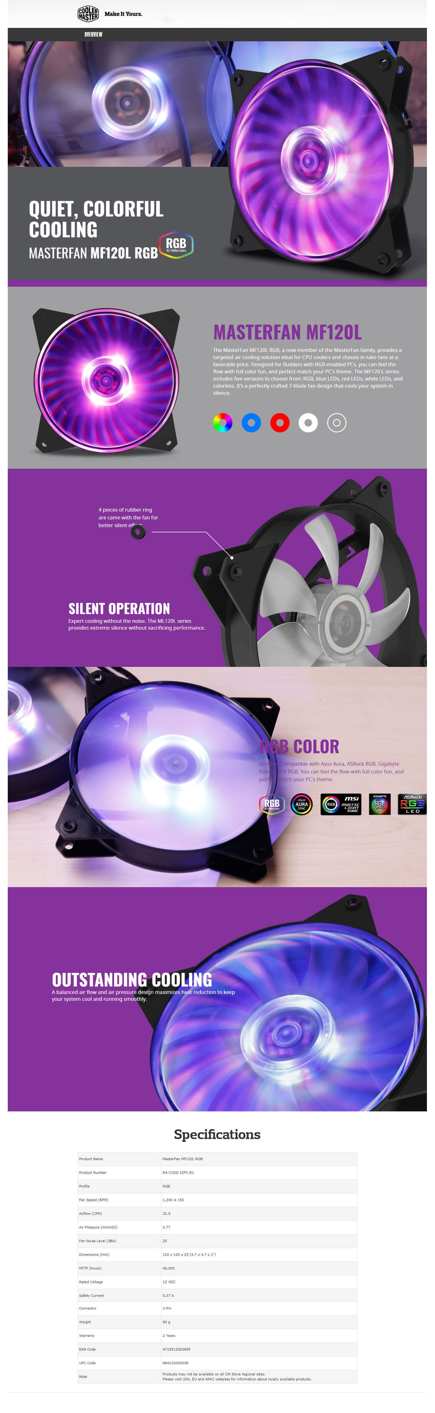 Cooler Master MasterFan MF120L RGB 120mm features