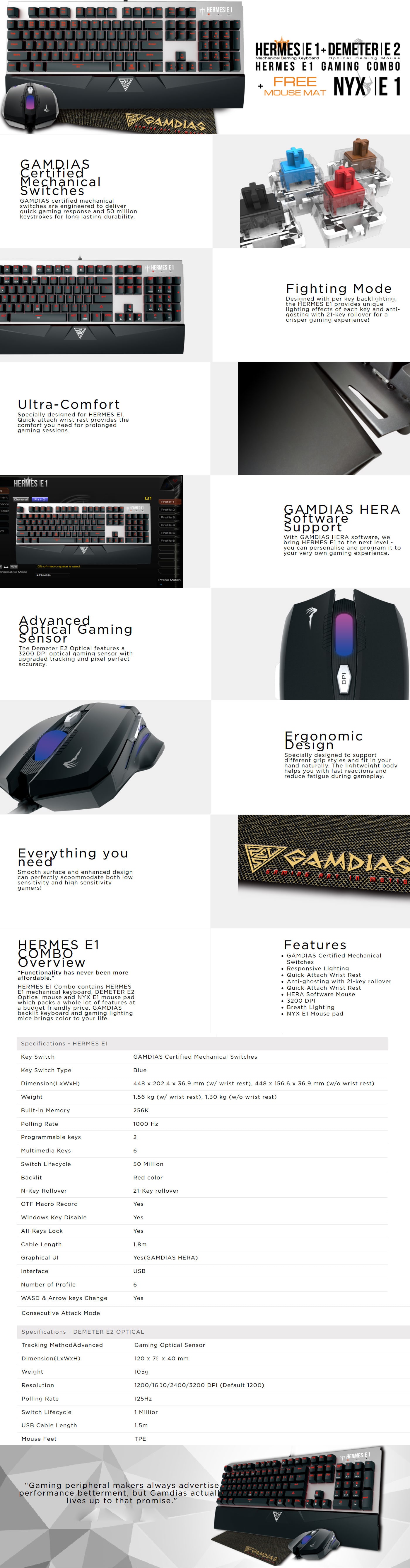 Gamdias Hermes E1 Mechanical Keyboad & Demeter E2 Mouse & Mosue Pad Combo features