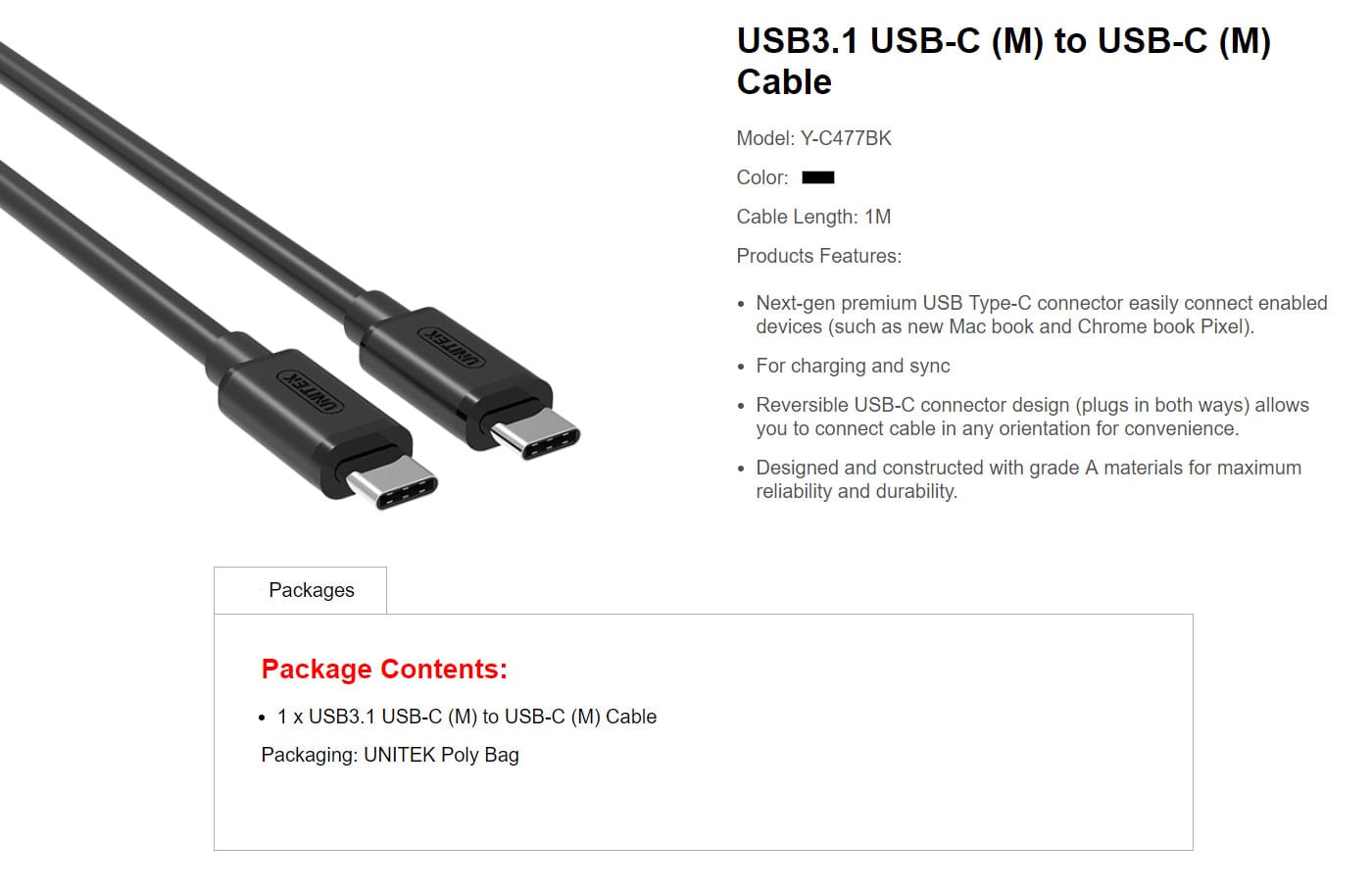 Unitek  USB C to USB C Cable Y C477BK