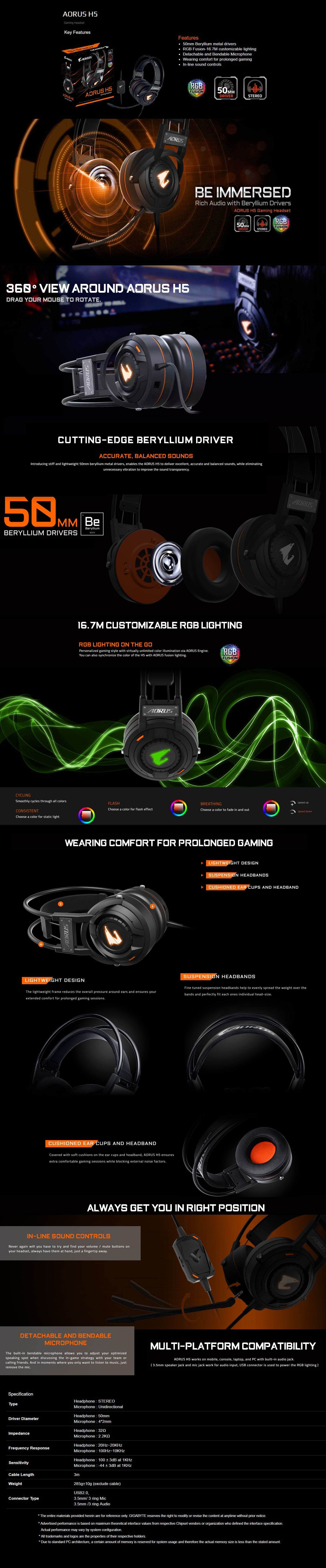 Gigabyte Aorus H5 Gaming Headset features