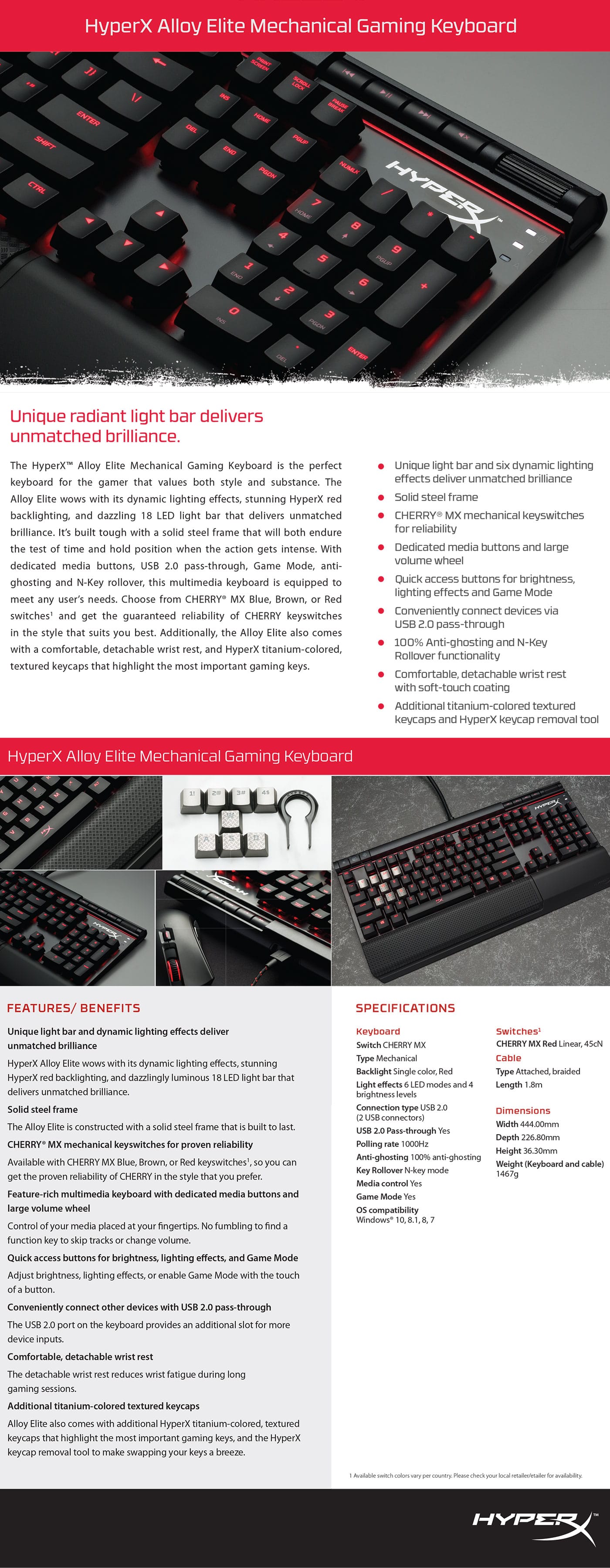 HyperX Alloy Elite Mechanical Gaming Keyboard Cherry MX Red Red LED features