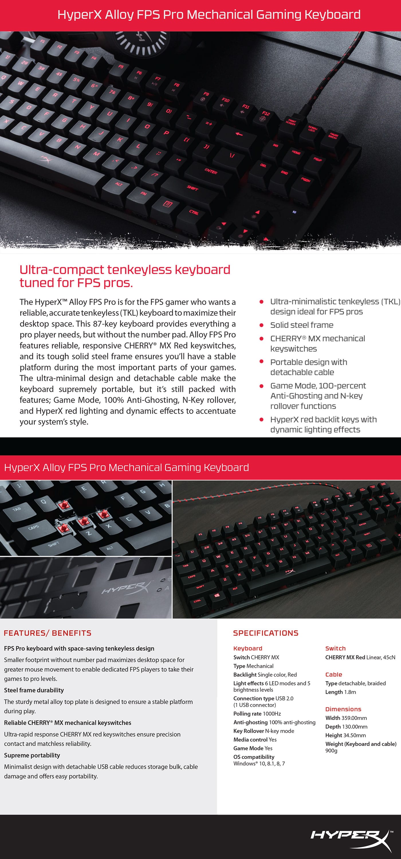 HyperX Alloy FPS ProMechanical Gaming Keyboard Cherry MX RedRed LED features