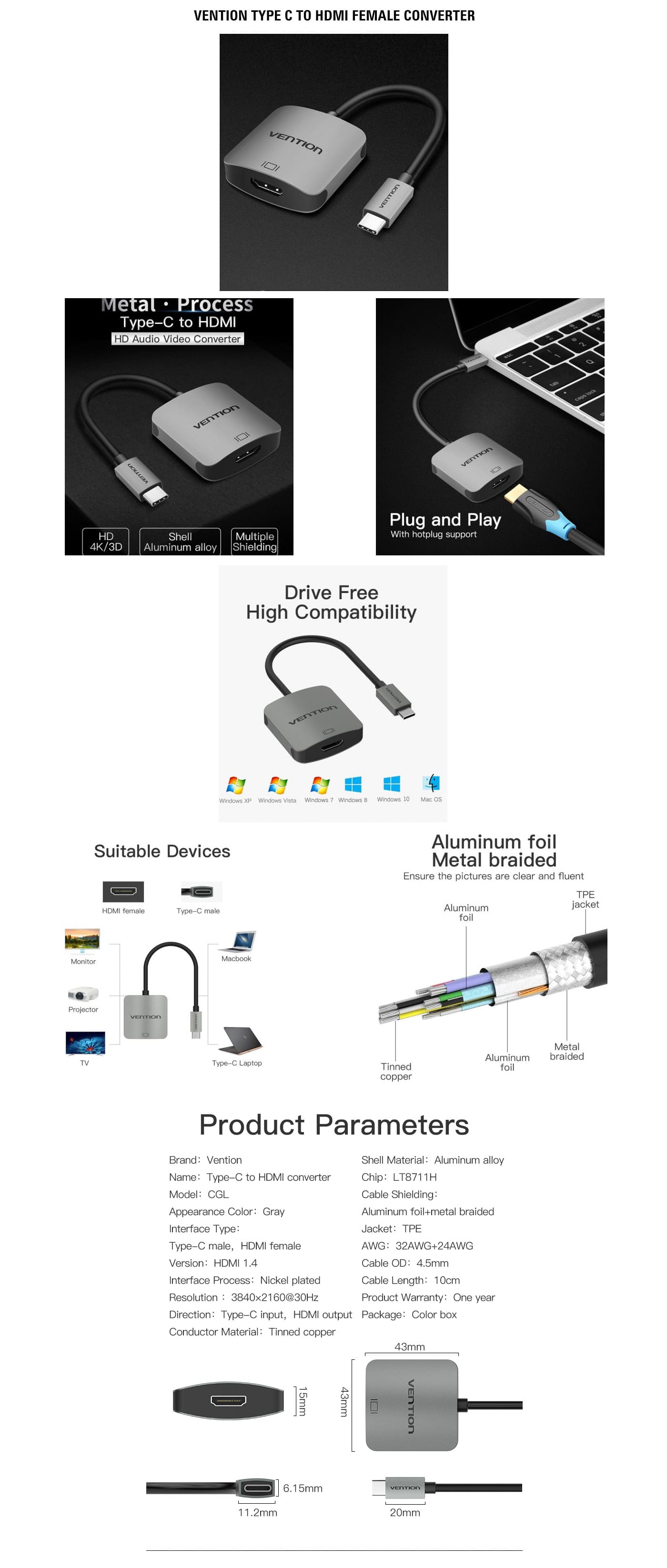 Vention Type C to HDMI Converter features