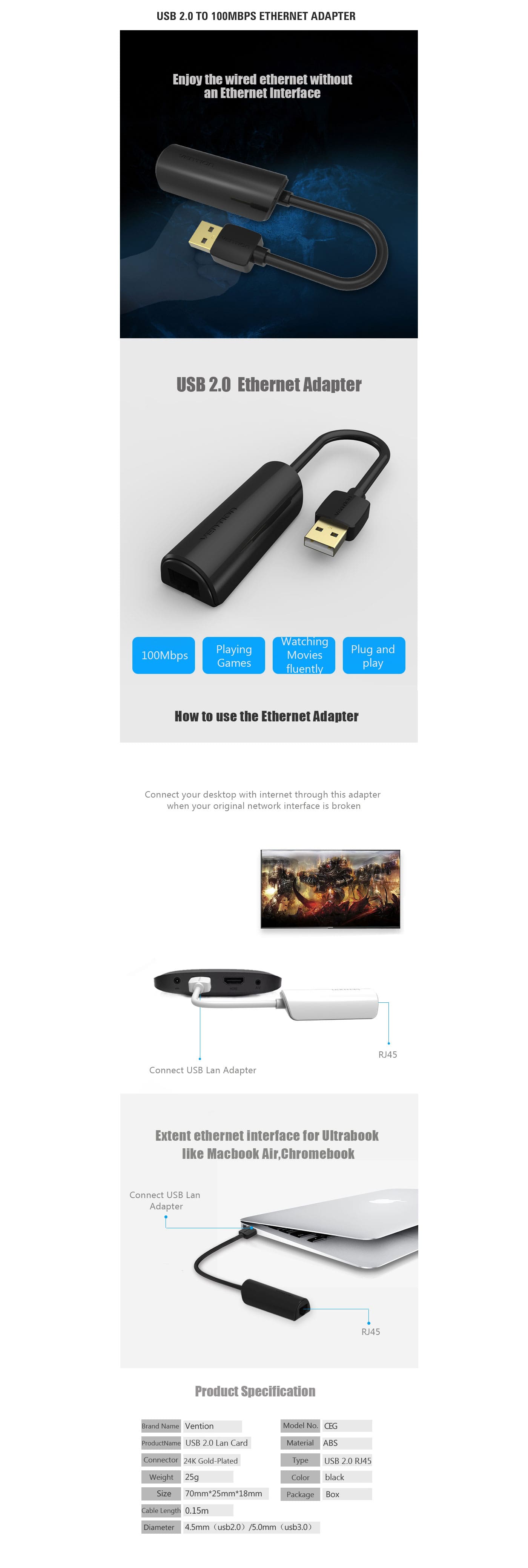 Vention USB 2.0 to 100Mbps Ethernet Adapter features