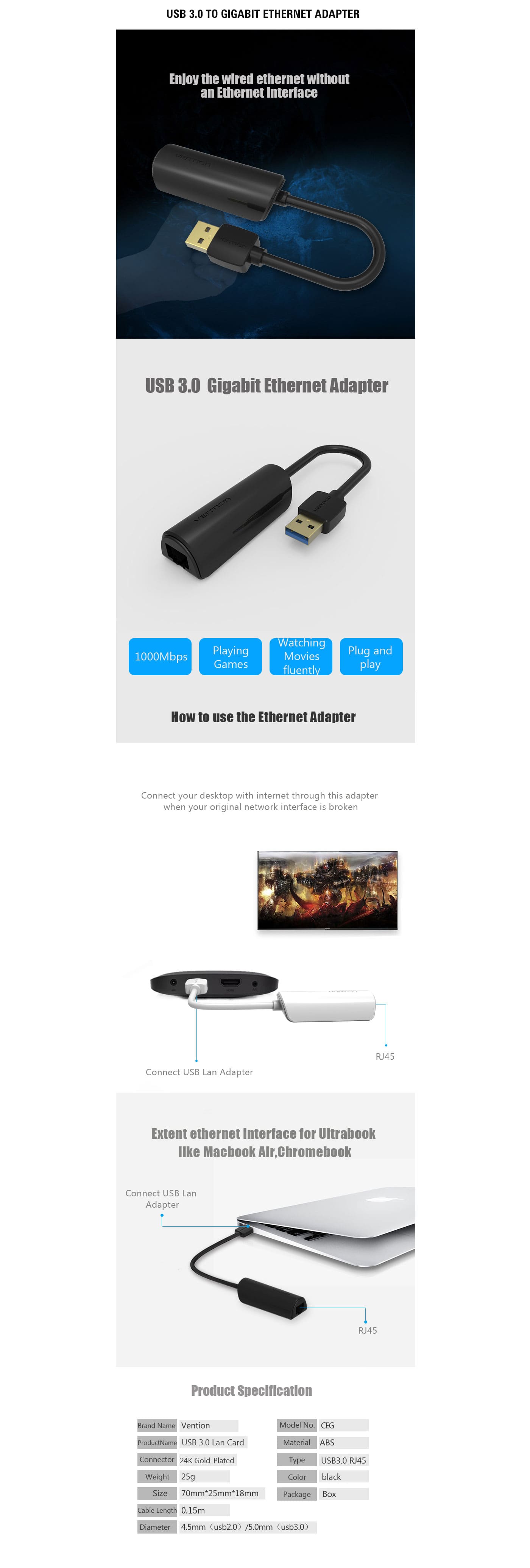 Vention USB 3.0 to Gigabit Ethernet Adapter  features