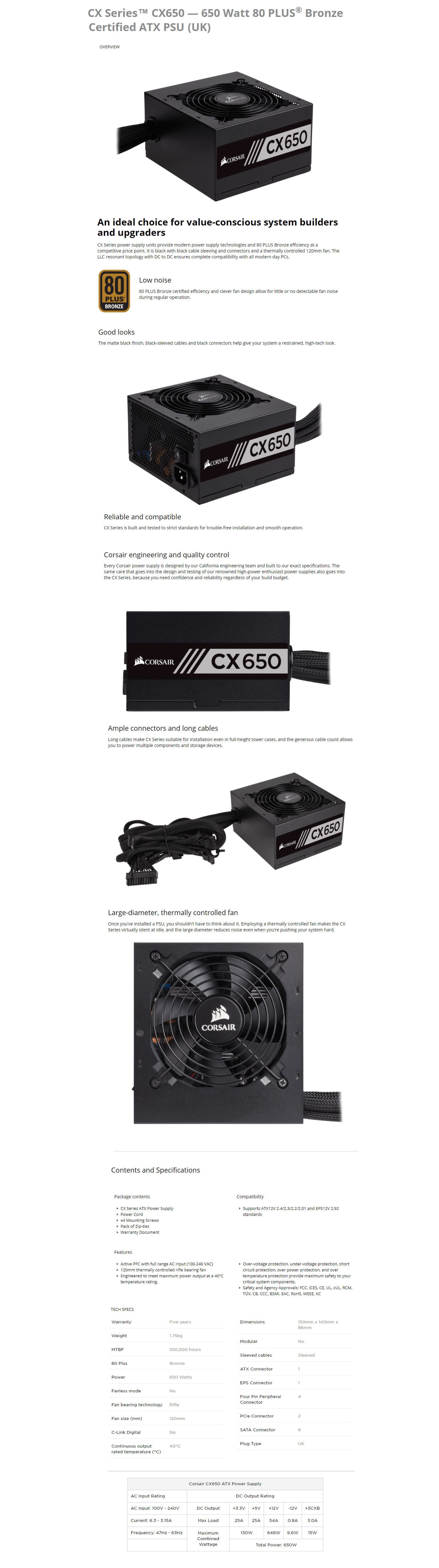 Corsair CX Series CX650 650 Watt 80 Plus Bronze Certified ATX PSU features