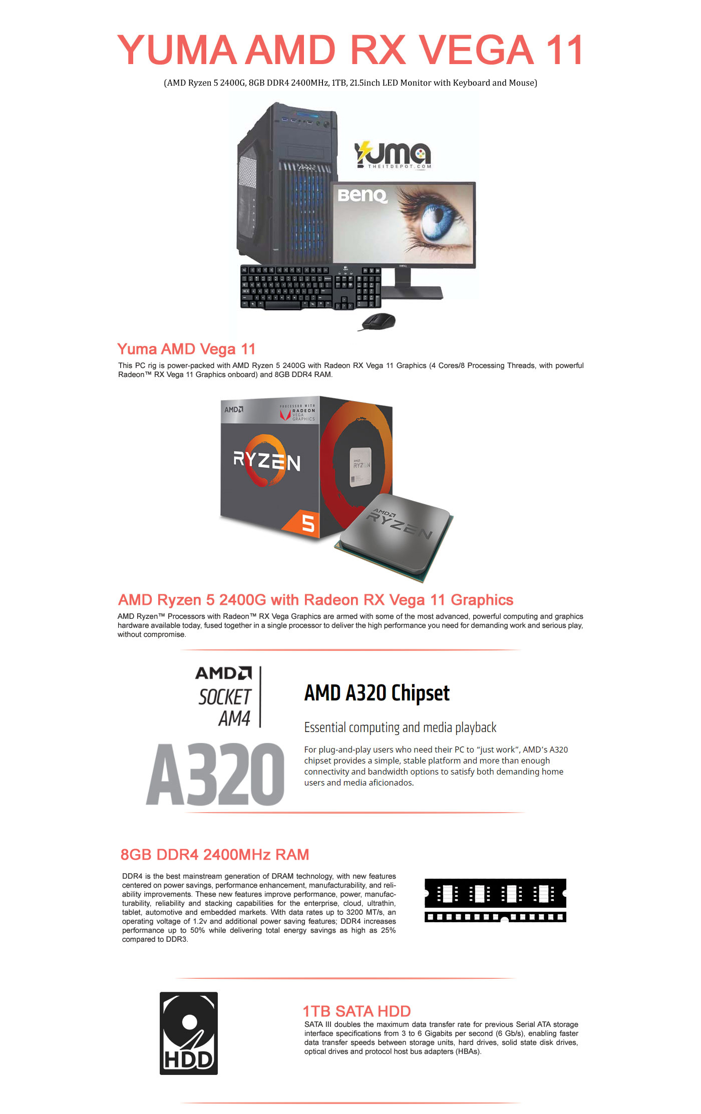  Buy Online Yuma AMD RX Vega 11 (AMD Ryzen 5 2400G, 8GB DDR4 2400MHz, 1TB, 21.5inch LED Monitor with Keyboard and Mouse)