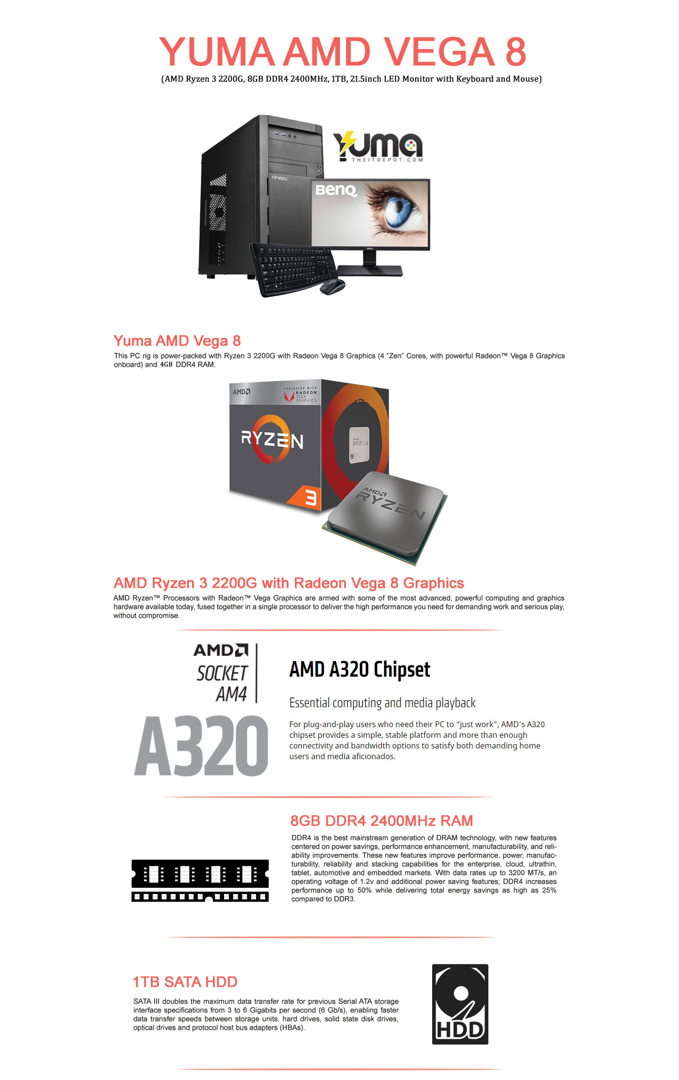  Buy Online Yuma AMD Vega 8 (AMD Ryzen 3 2200G, 4GB DDR4 2400MHz, 1TB, 21.5inch LED Monitor with Keyboard and Mouse)