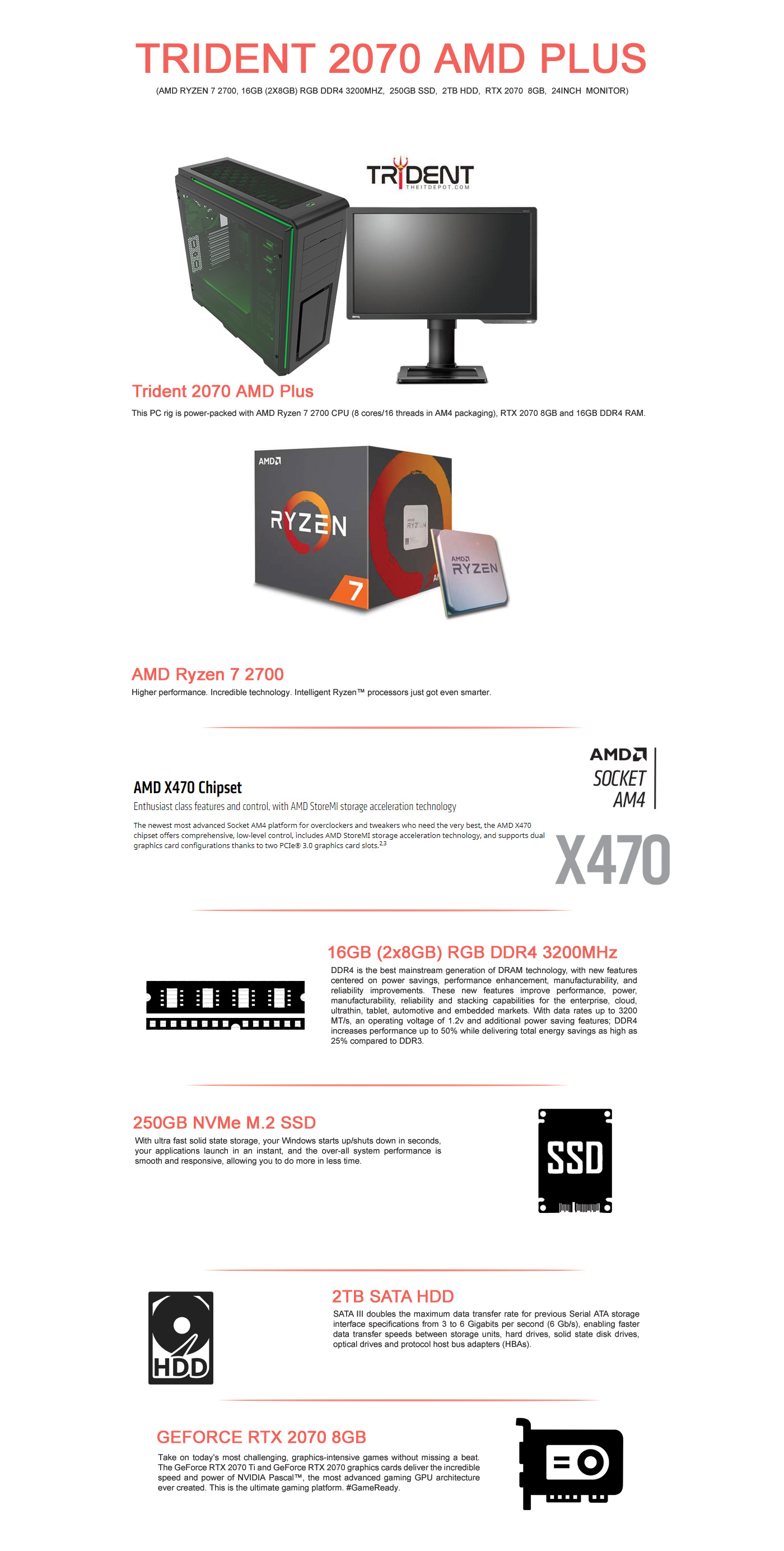  Buy Online Trident 2070  AMD Plus (AMD Ryzen 7 2700, 16GB (2x8GB) RGB DDR4 3200MHz,  250GB SSD,  2TB HDD,  RTX 2070  8GB,  24inch  Monitor)