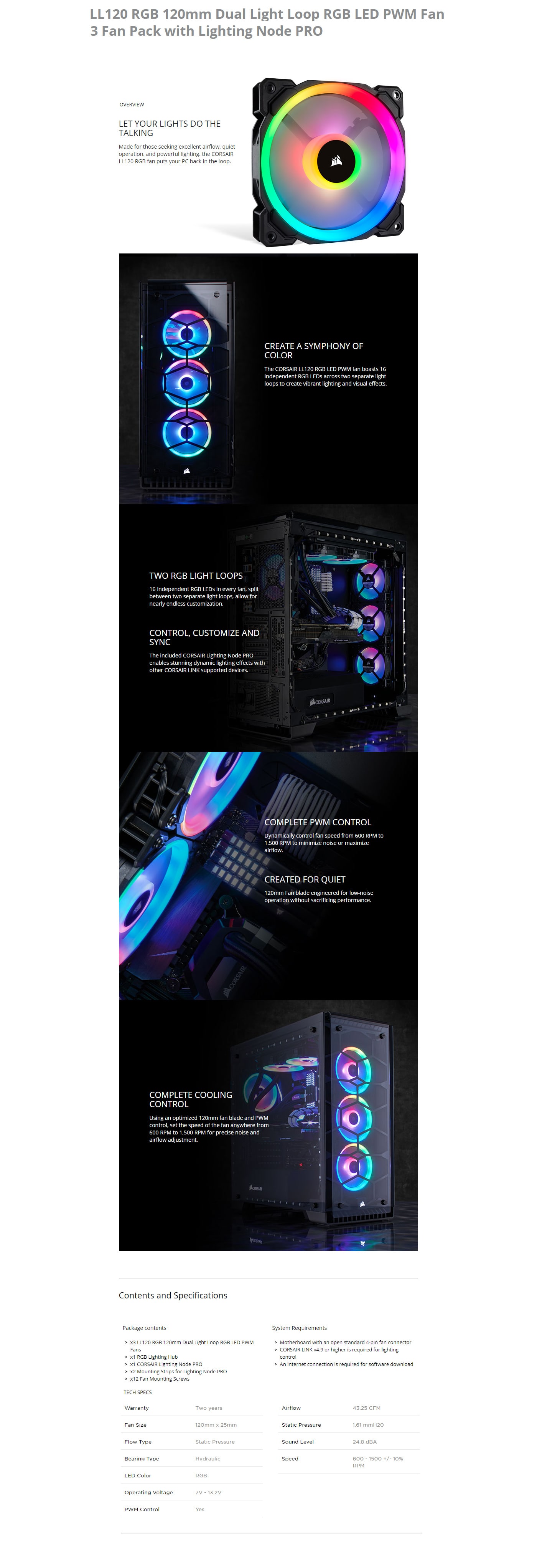 Corsair LL120 RGB 120mm Dual Light Loop RGB LED PWM Fan  3 Fan Pack with Lighting Node PRO features