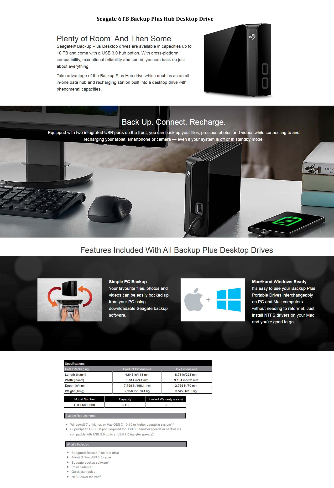 Seagate 6TB Backup Plus Hub Desktop Drive features