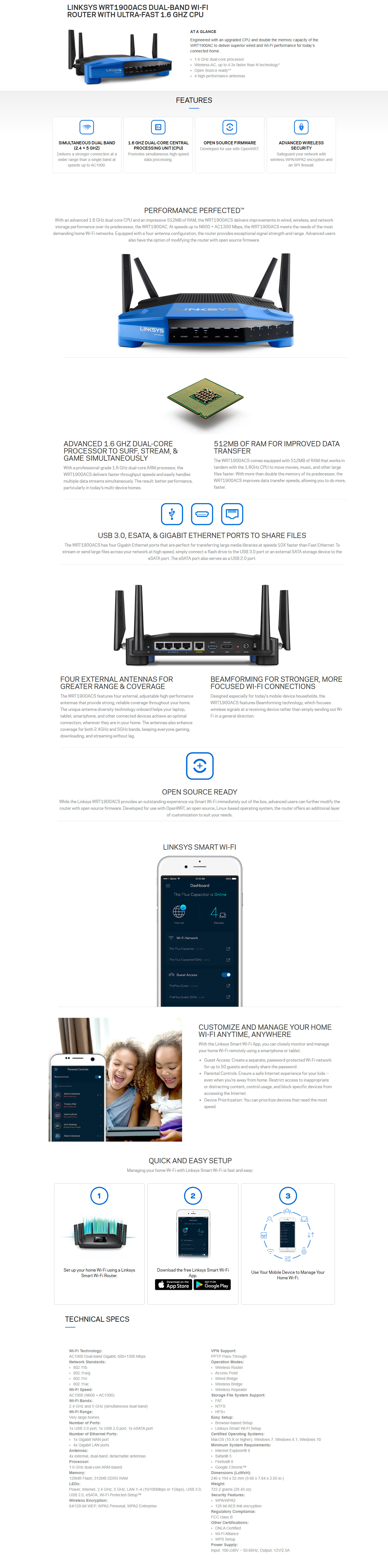 Linksys WRT1900ACS Dual Band Wi-Fi Router Ultra-Fast 1.6 Ghz CPU features