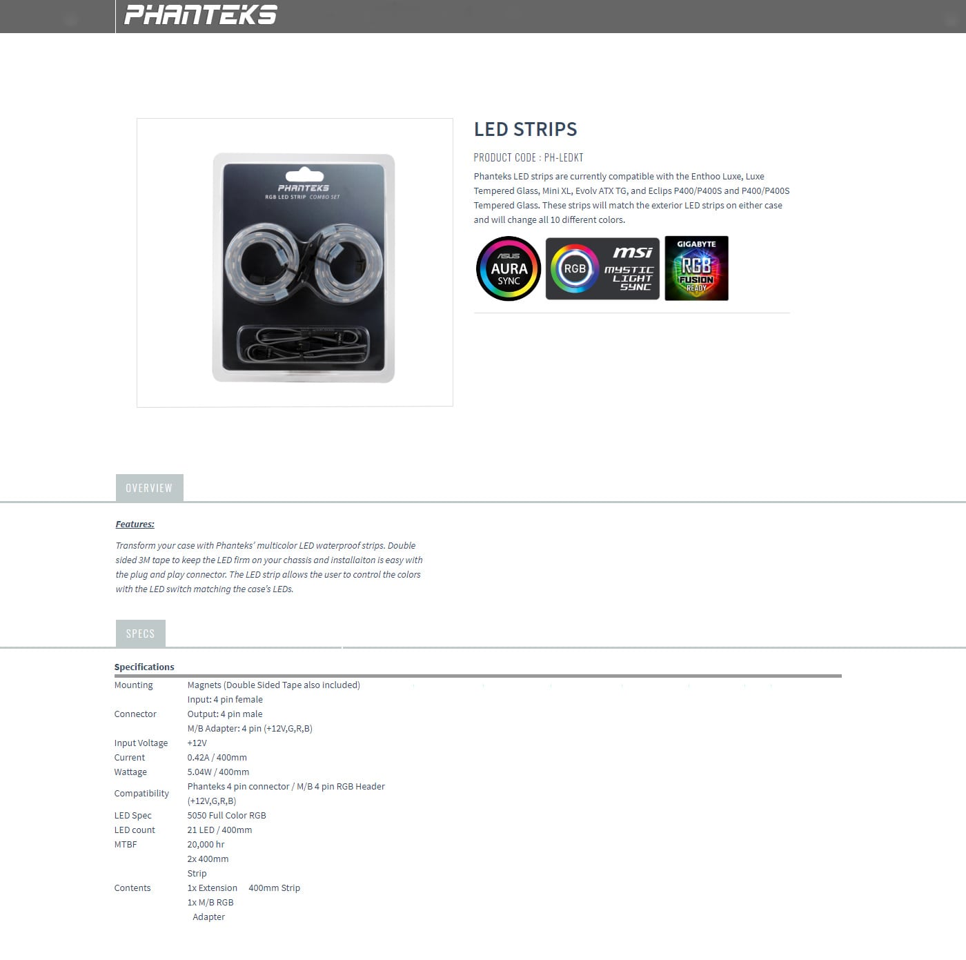 Phanteks RGB LED Strip Combo Set  2 x 400mm Length features