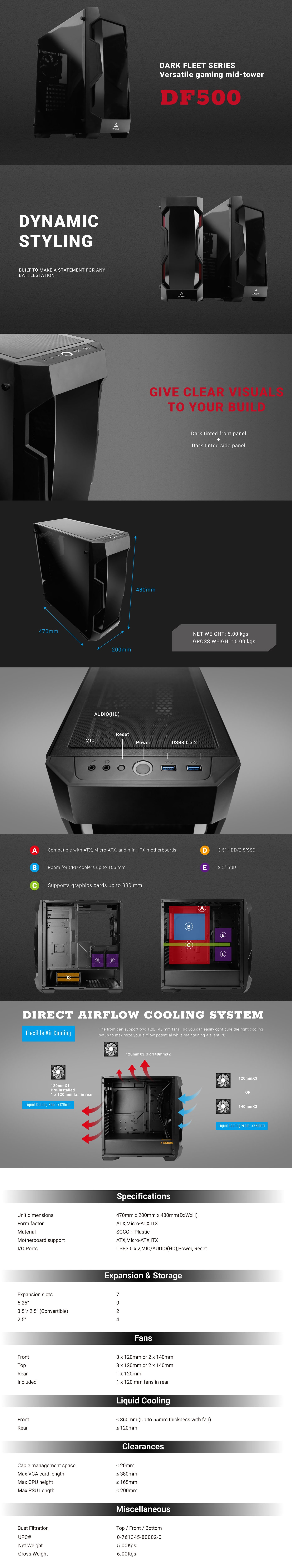 Antec DF500 Versatile Gaming Mid Tower Computer Case features