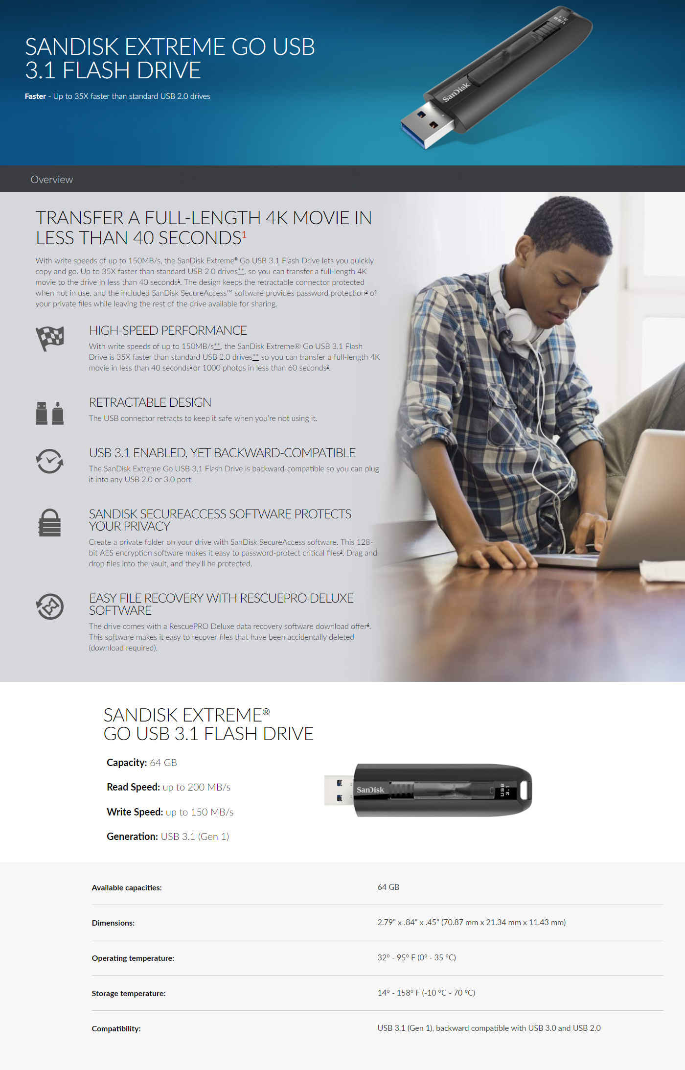 Buy Online SanDisk Extreme Go 64GB USB 3.1 Flash Drive (SDCZ800-064G-G46)
