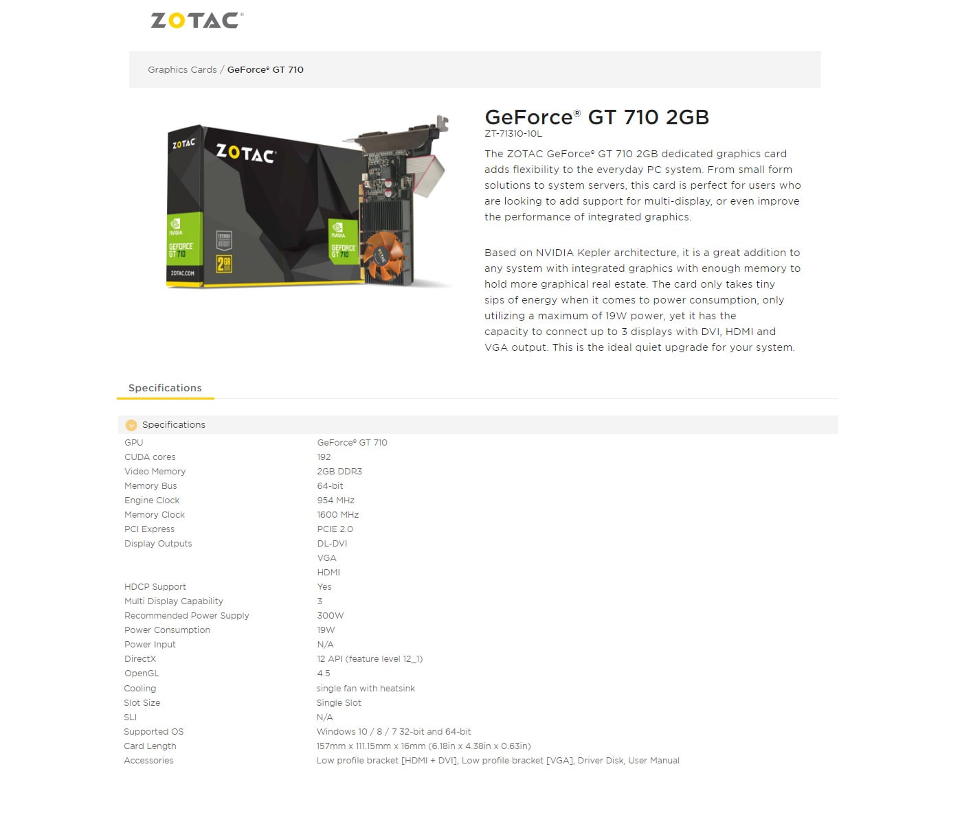Buy Online Zotac Geforce GT710 2GB DDR3 NVidia PCI E Graphic Card (ZT-71310-10L)