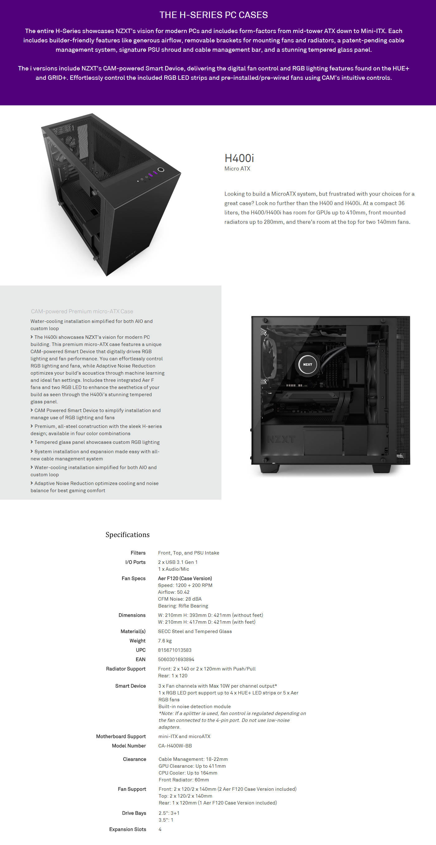  Buy Online Nzxt H400i Premium Micro-ATX Case with CAM - Matte Black (CA-H400W-BB)